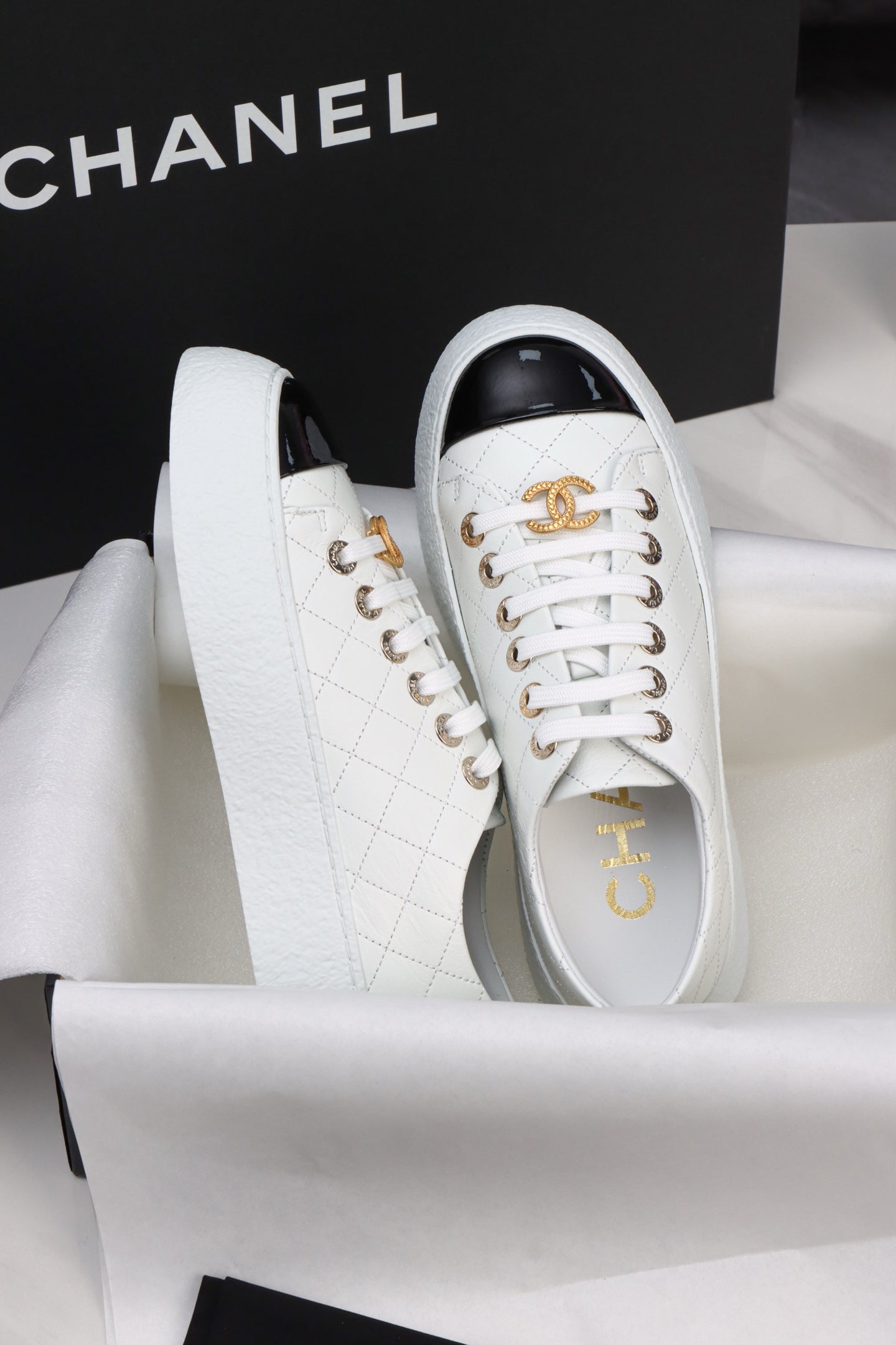 CC Trainer Sneaker Quilted White Patent Calfskin 964812