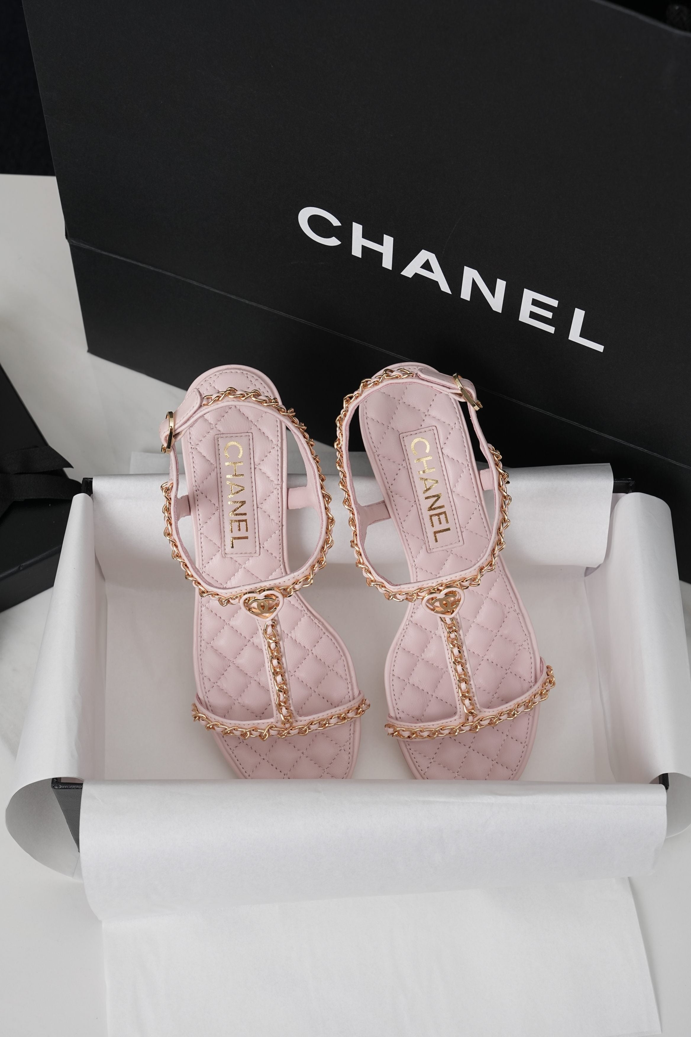 CC 26s Heart CC T-Strap Sandals Light Pink Quilted Leather 964933