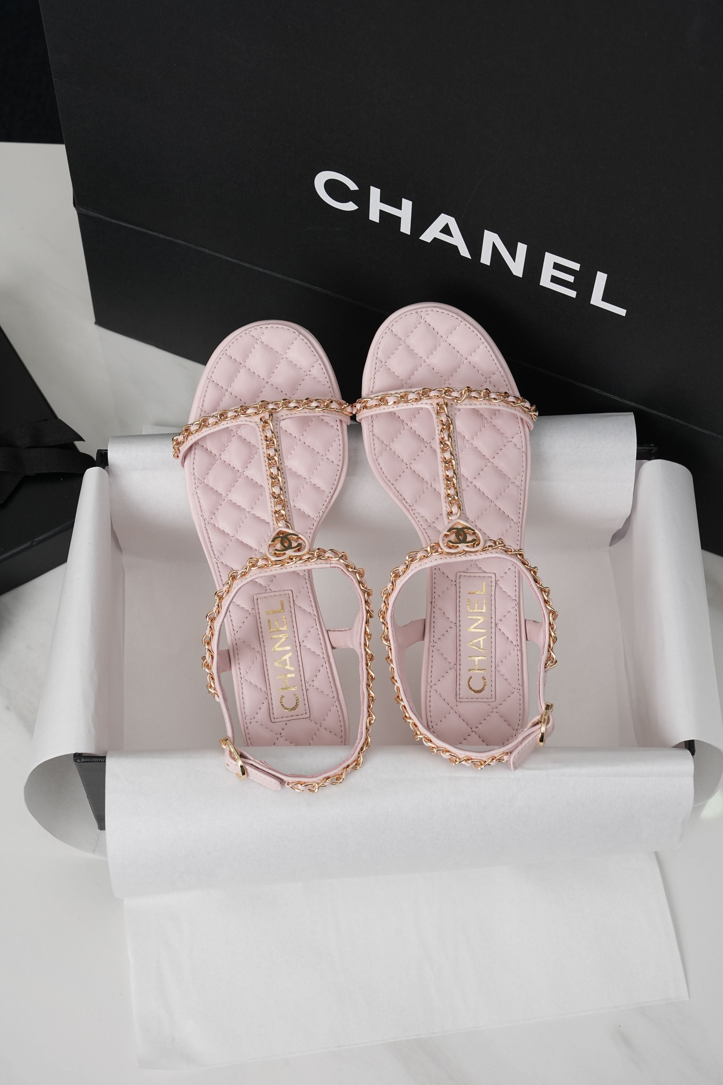CC 26s Heart CC T-Strap Sandals Light Pink Quilted Leather 964933
