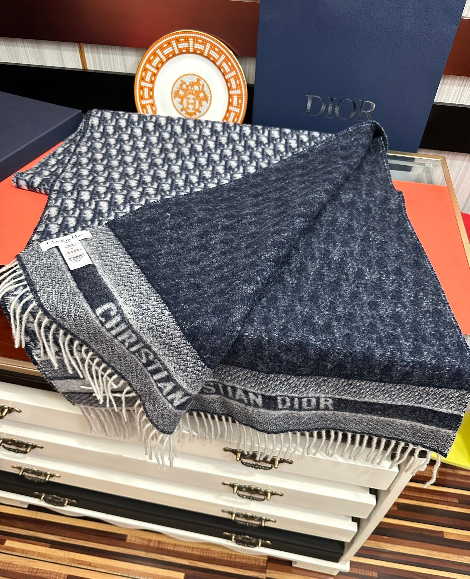 OBLIQUE 190 CM SCARF IN DARK BLUE MIX WHITE TECHNICAL CASHMERE 415486