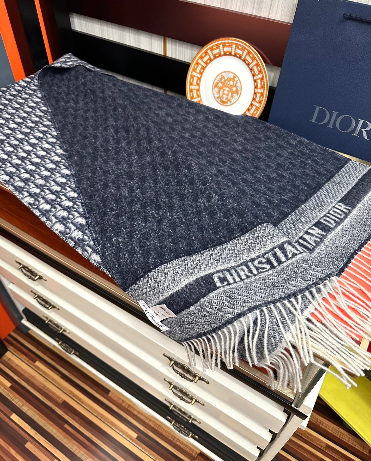 OBLIQUE 190 CM SCARF IN DARK BLUE MIX WHITE TECHNICAL CASHMERE 415486