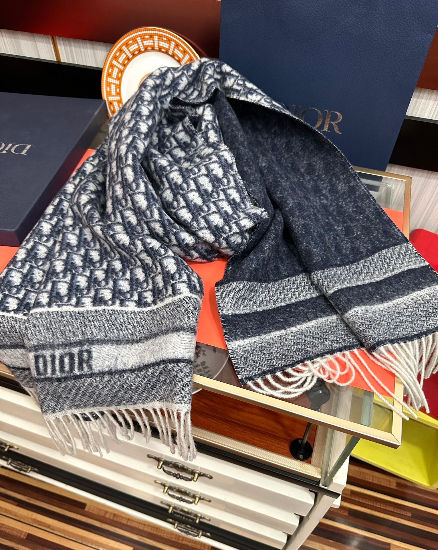 OBLIQUE 190 CM SCARF IN DARK BLUE MIX WHITE TECHNICAL CASHMERE 415486