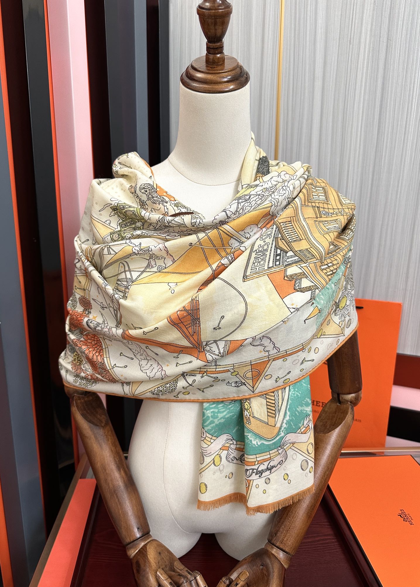 HM 26s Double-sided Scarf 185cm Creme Orange Vert Cashmere 153122