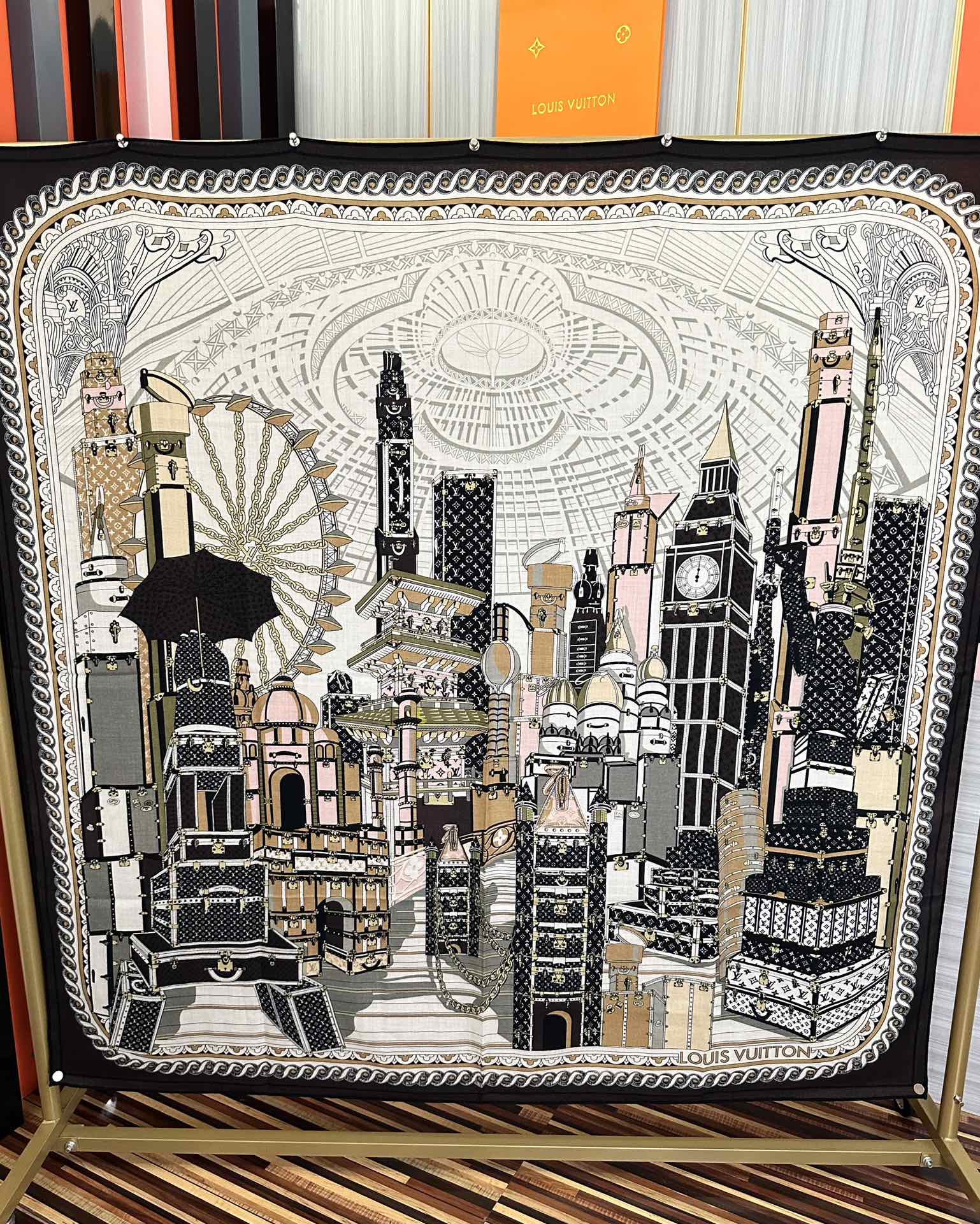 LV Double-Sided Scarf 140cm Black Multicolor Cashmere Silk 153127