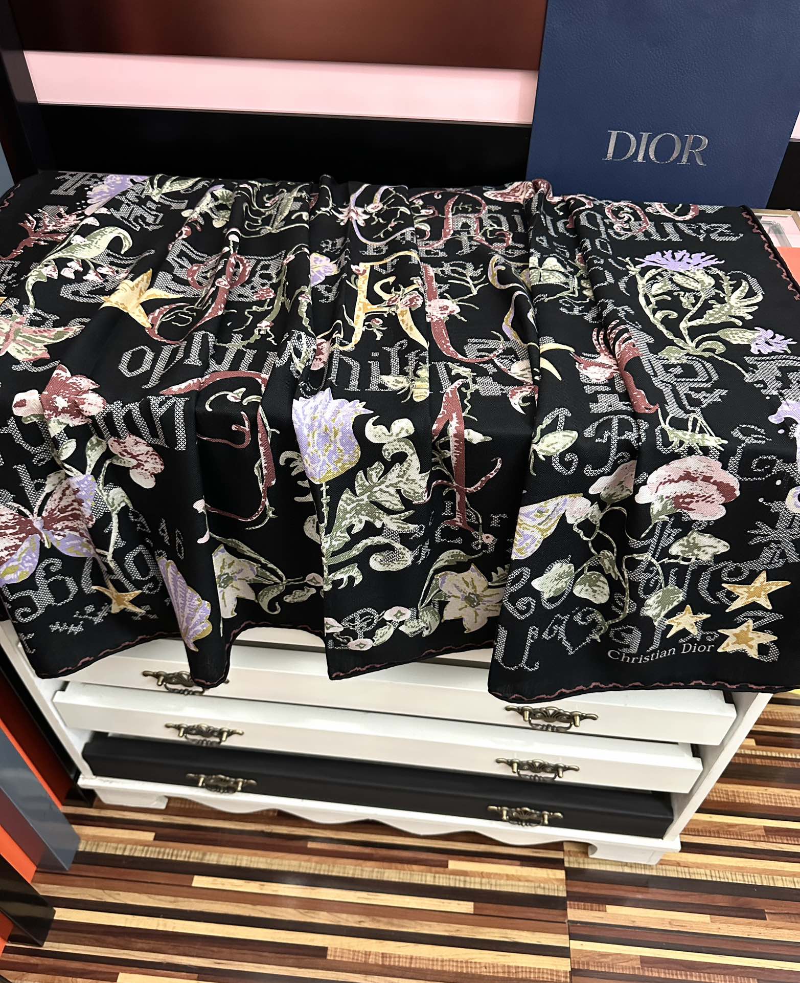 CD Double-Sided Scarf 140cm Noir Multicolor Cashmere Silk 153131