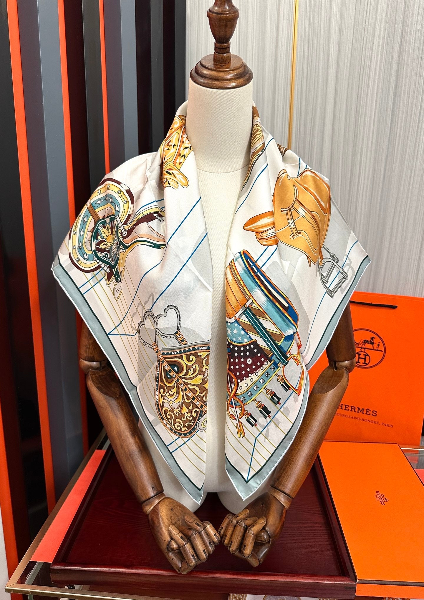 HM Tous en Selle Scarf 90x90cm Light Blue Colorful Twill Silk 304663