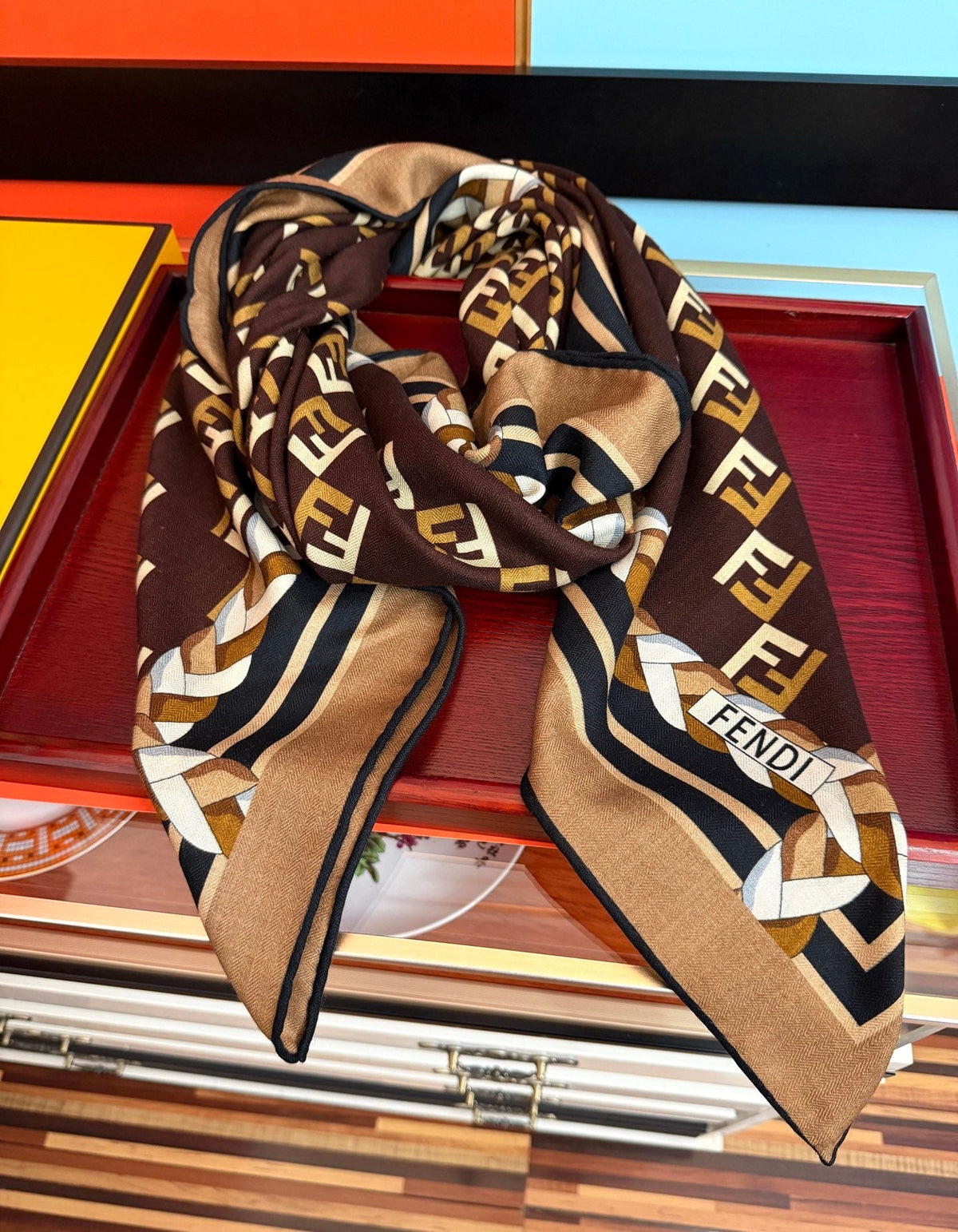 Fendi Scarf 140x140 Colorful Twill Silk Cashmere 571899