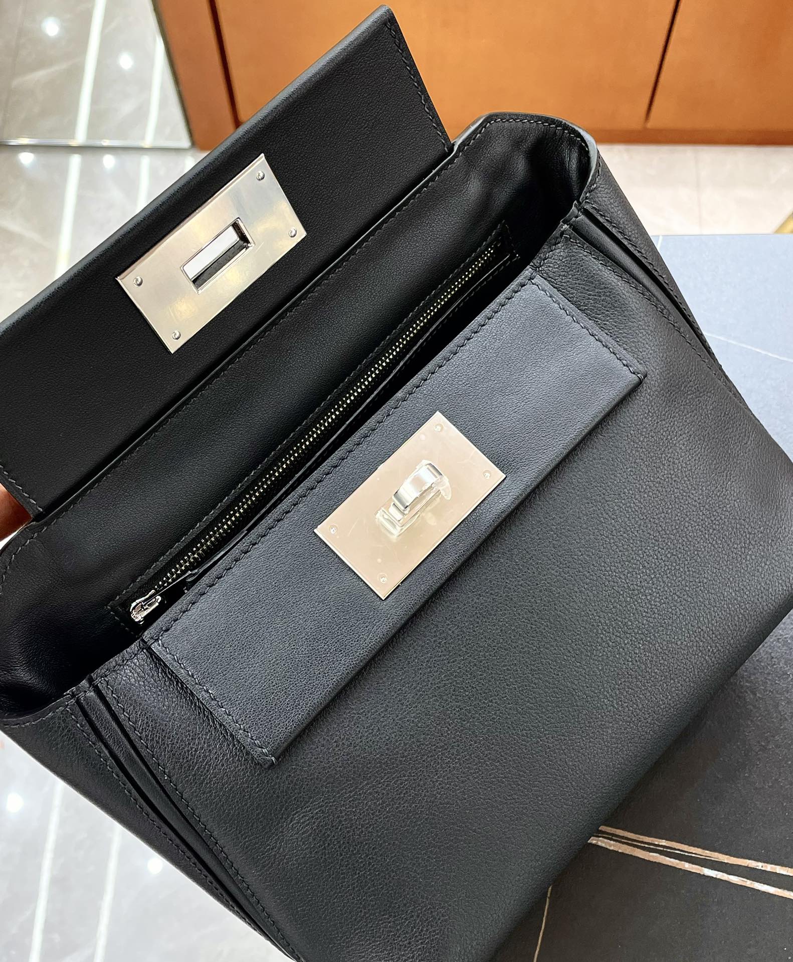 HM Mini 24 Sur 24 Bag 21cm Black Swift Cowhide Silver Hardware 250278