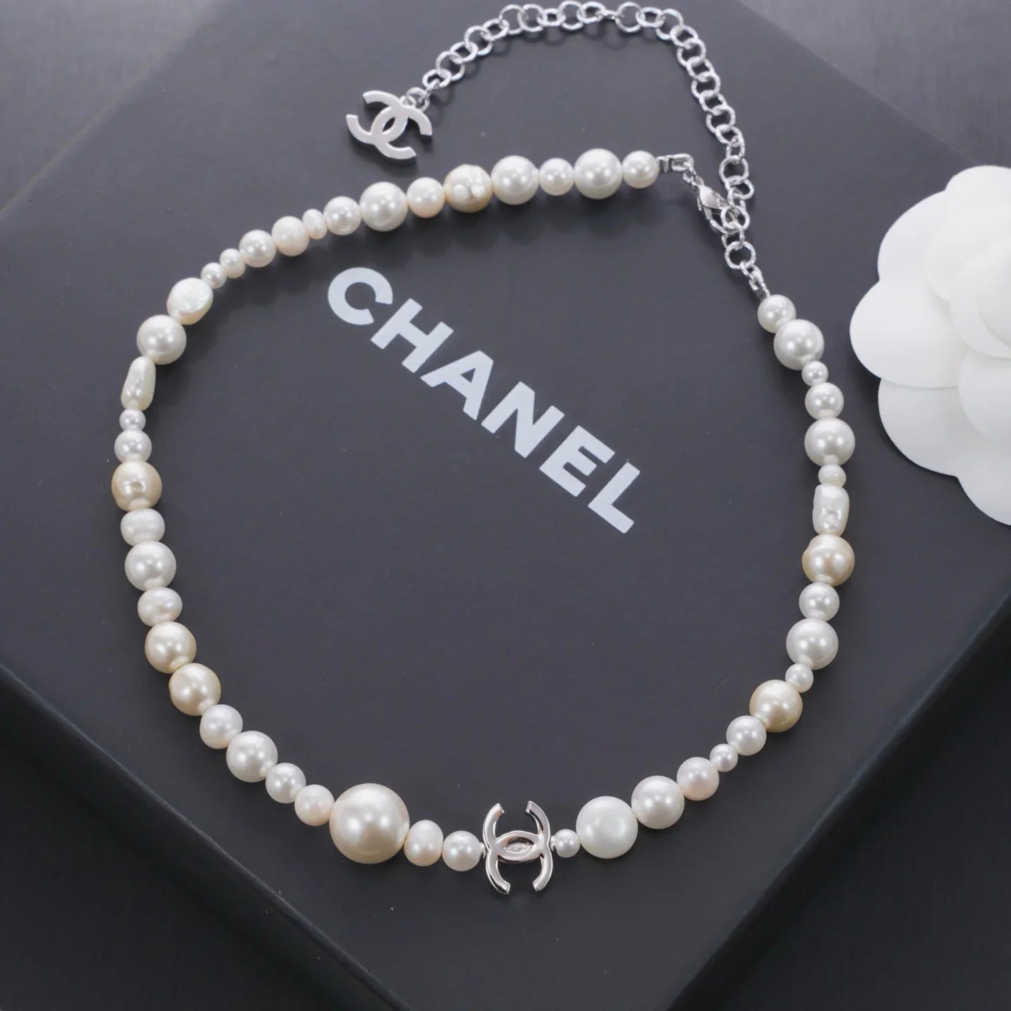 Chanel 2026 Freshwater Pearl Silver Double C Short Necklace Choker