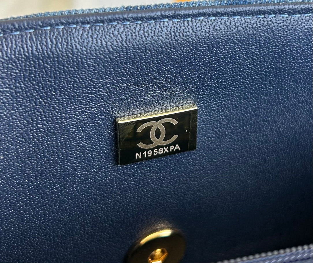 MINI FLAP BAG 20 IN CLASSIC BLUE DENIM GOLD HARDWARE