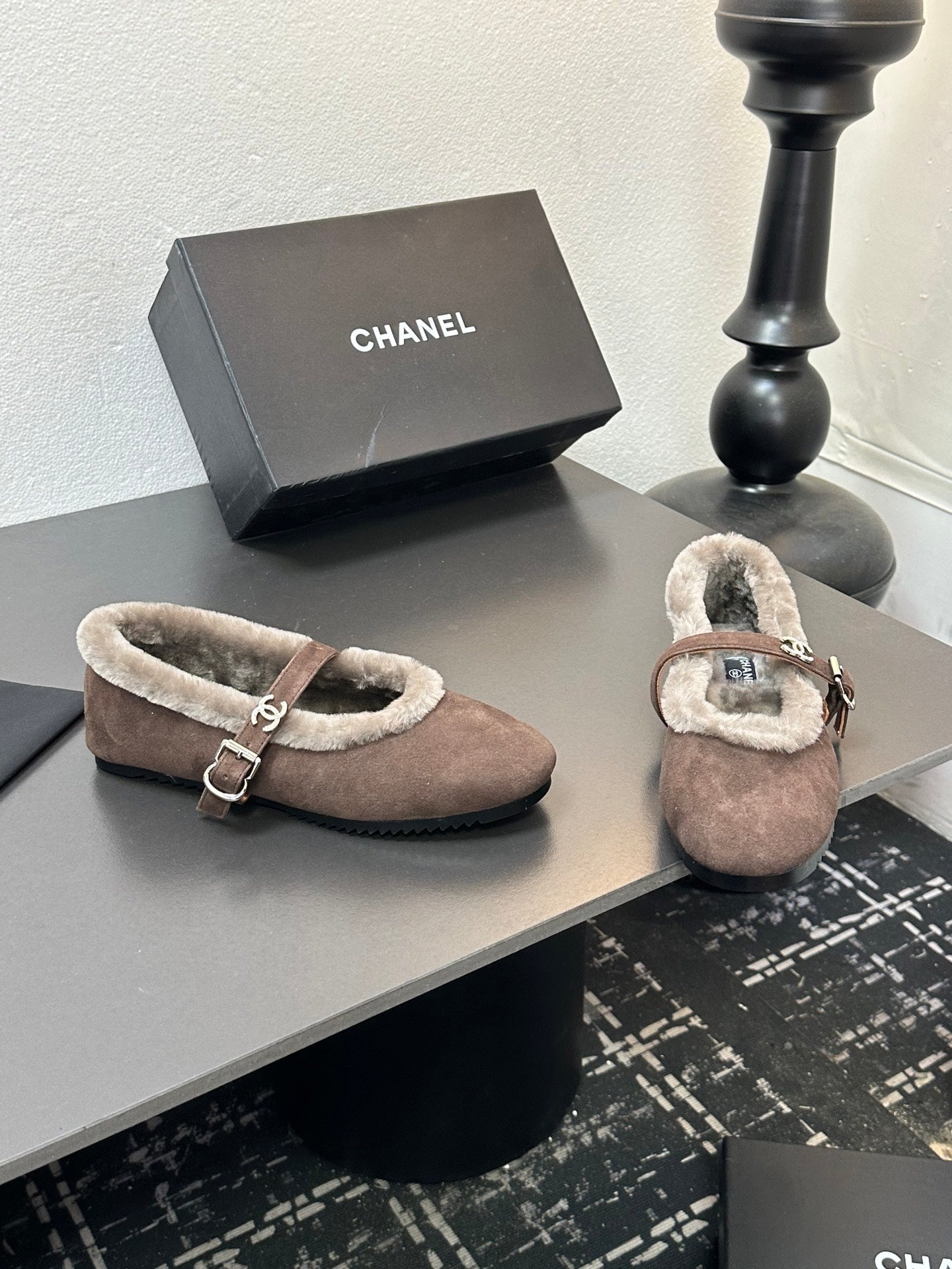 CC 2025 Puffer Ballet Flat With Strap Dark Coffee Sheepskin Fur 529345