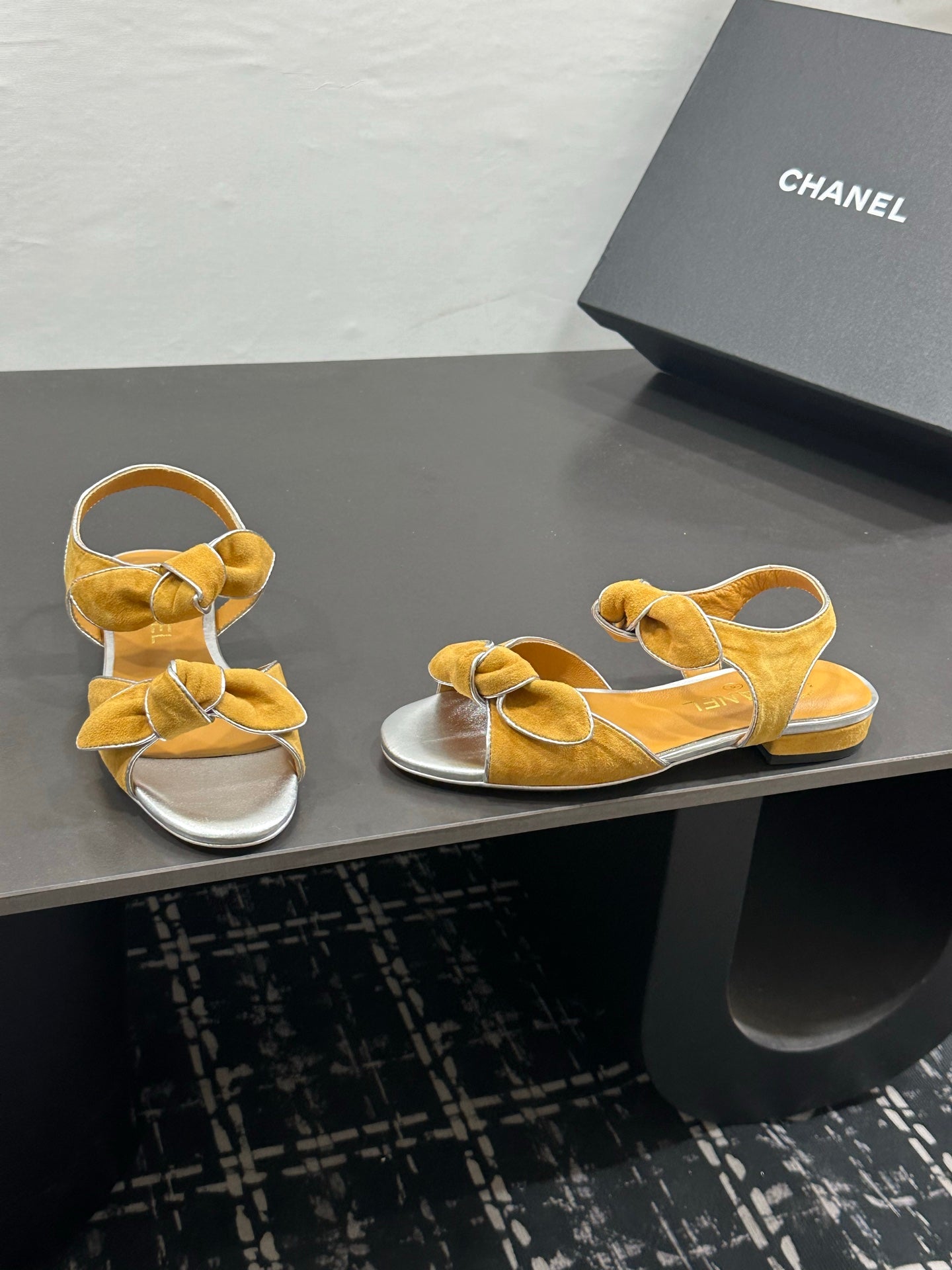 Chanel 26S Bow Sandals In Mustard Yellow And Silver Suede