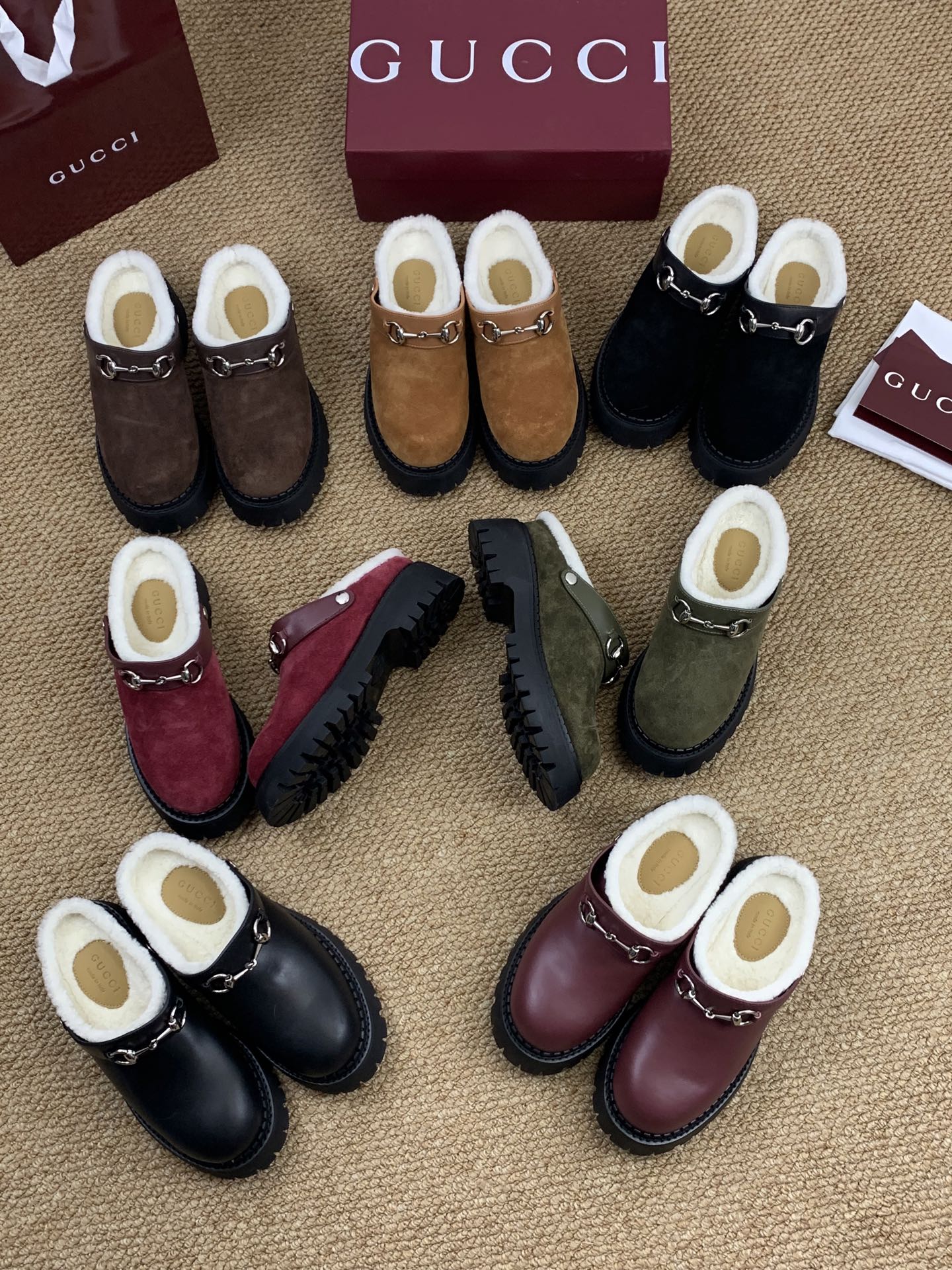 Gucci FW 25 Horsebit Suede Clog Black Suede with Shearling 506445