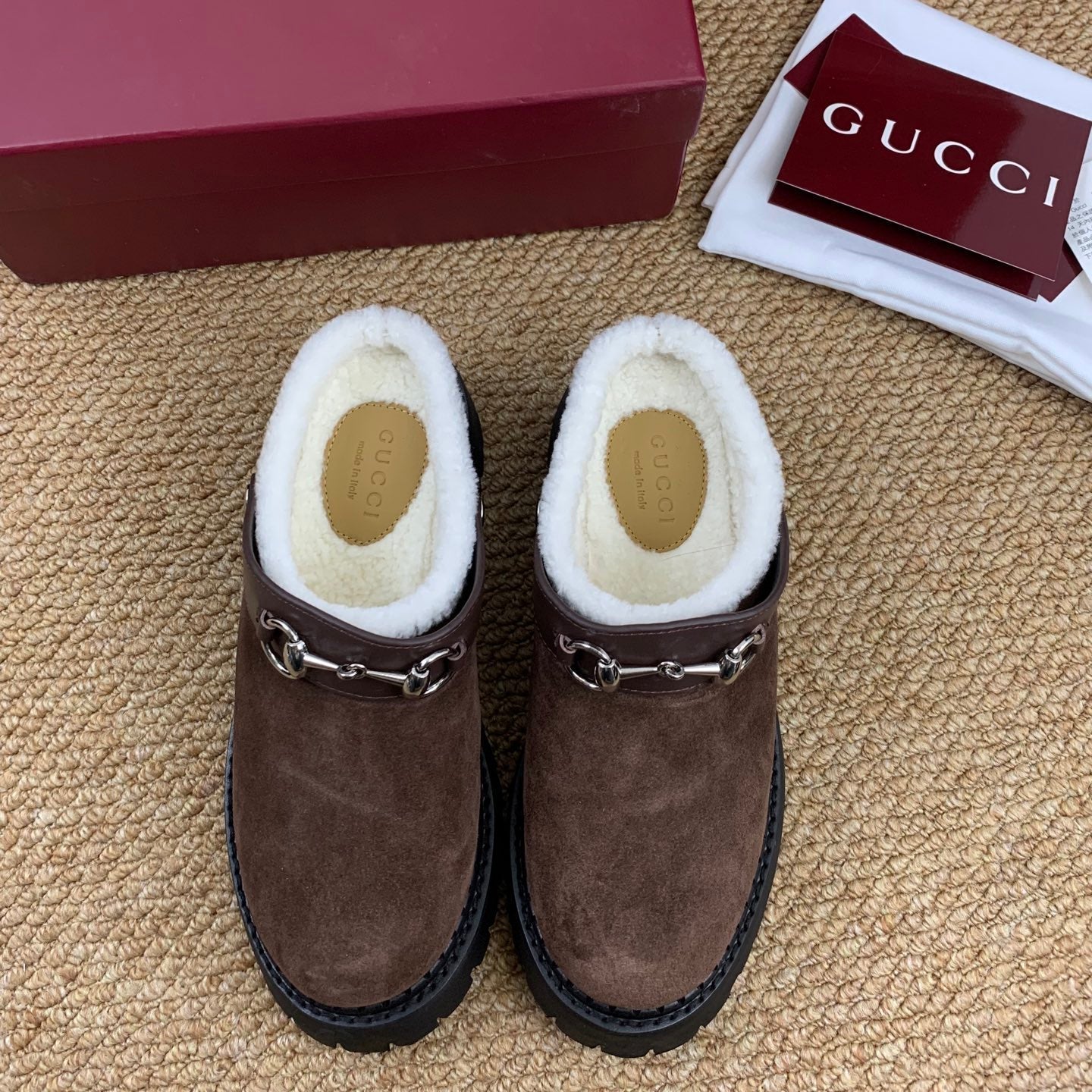 Gucci FW 25 Horsebit Suede Clog Brown Suede with Shearling 506448
