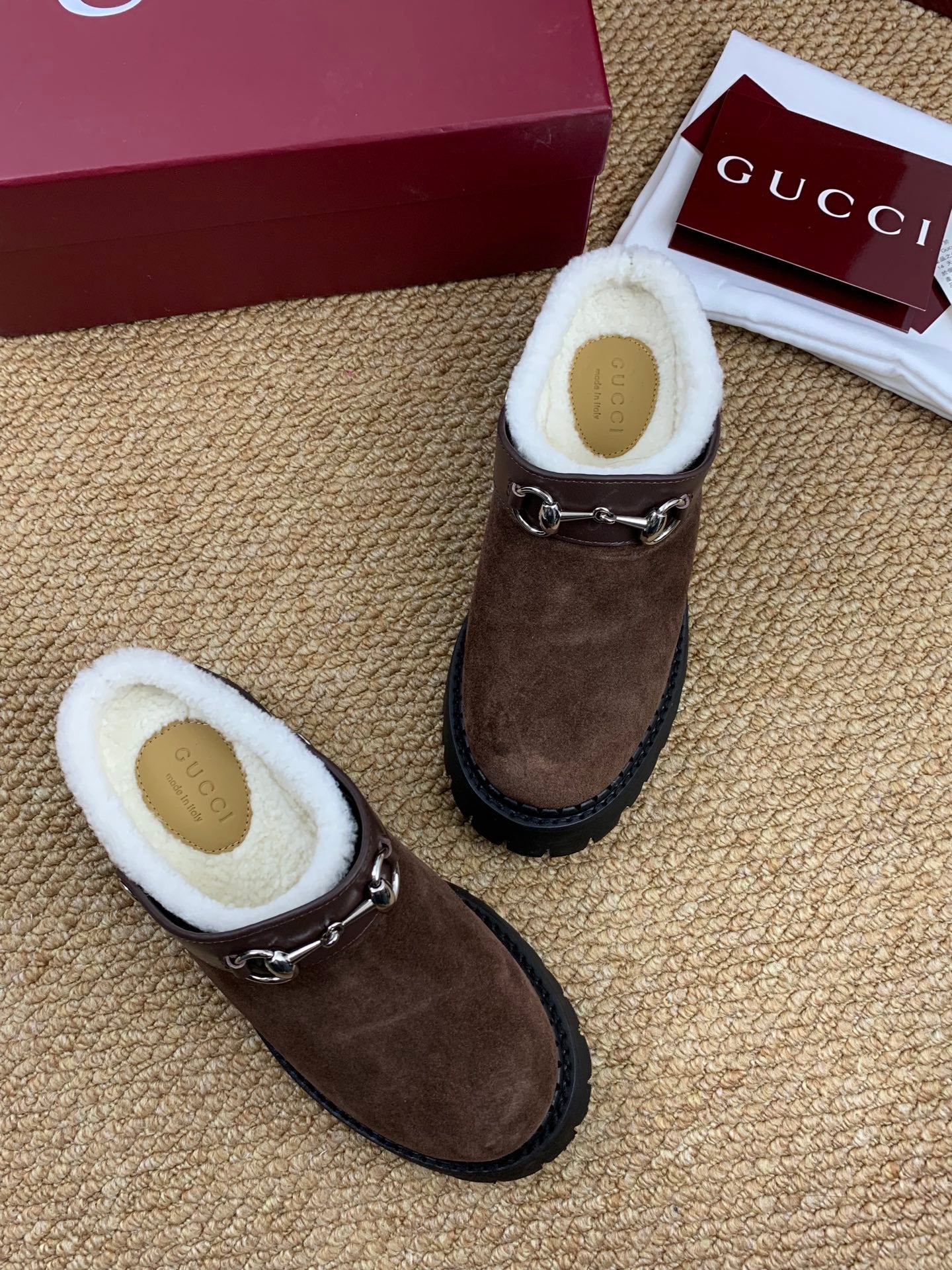 Gucci FW 25 Horsebit Suede Clog Brown Suede with Shearling 506448