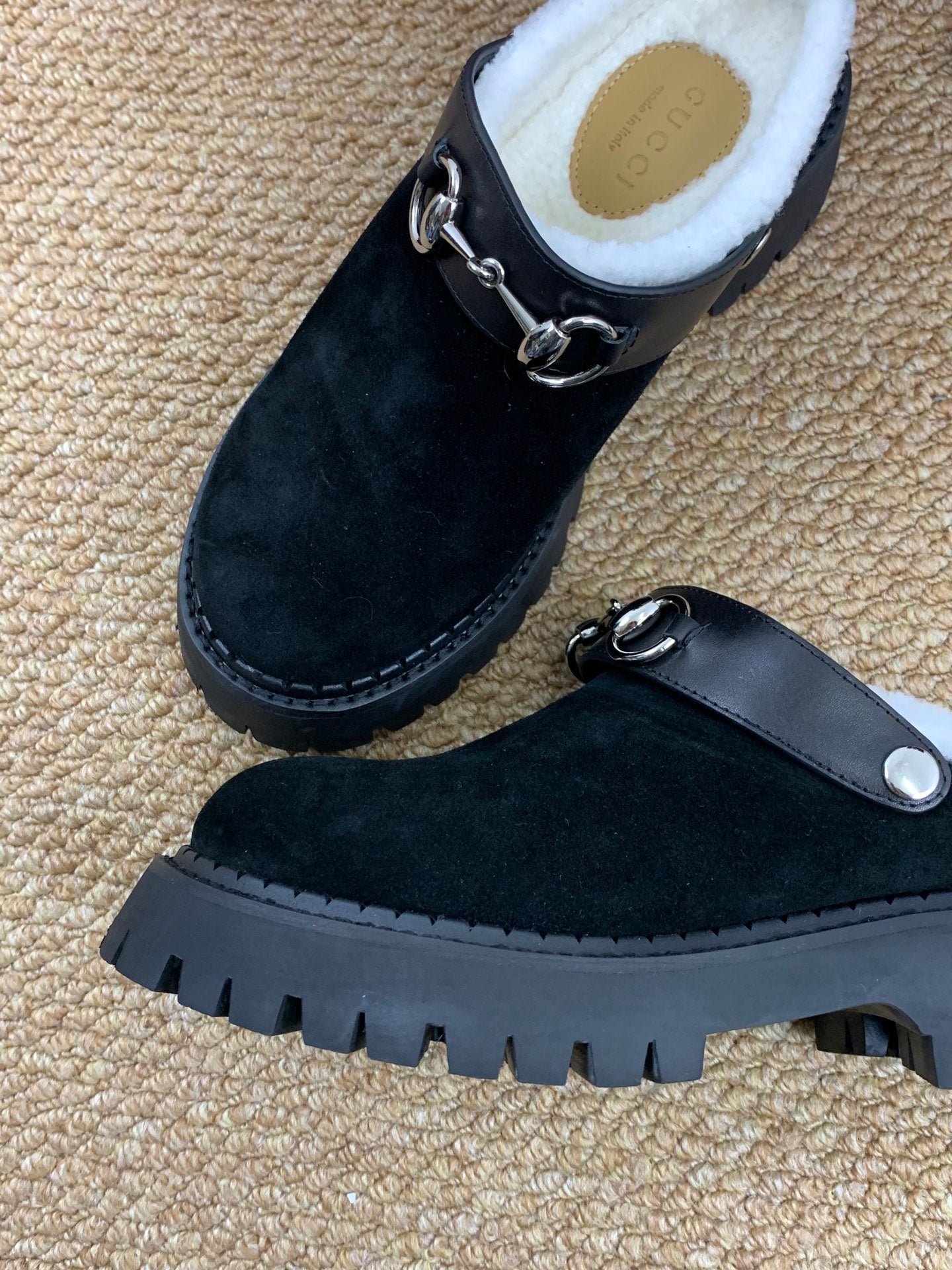 Gucci FW 25 Horsebit Suede Clog Black Suede with Shearling 506445