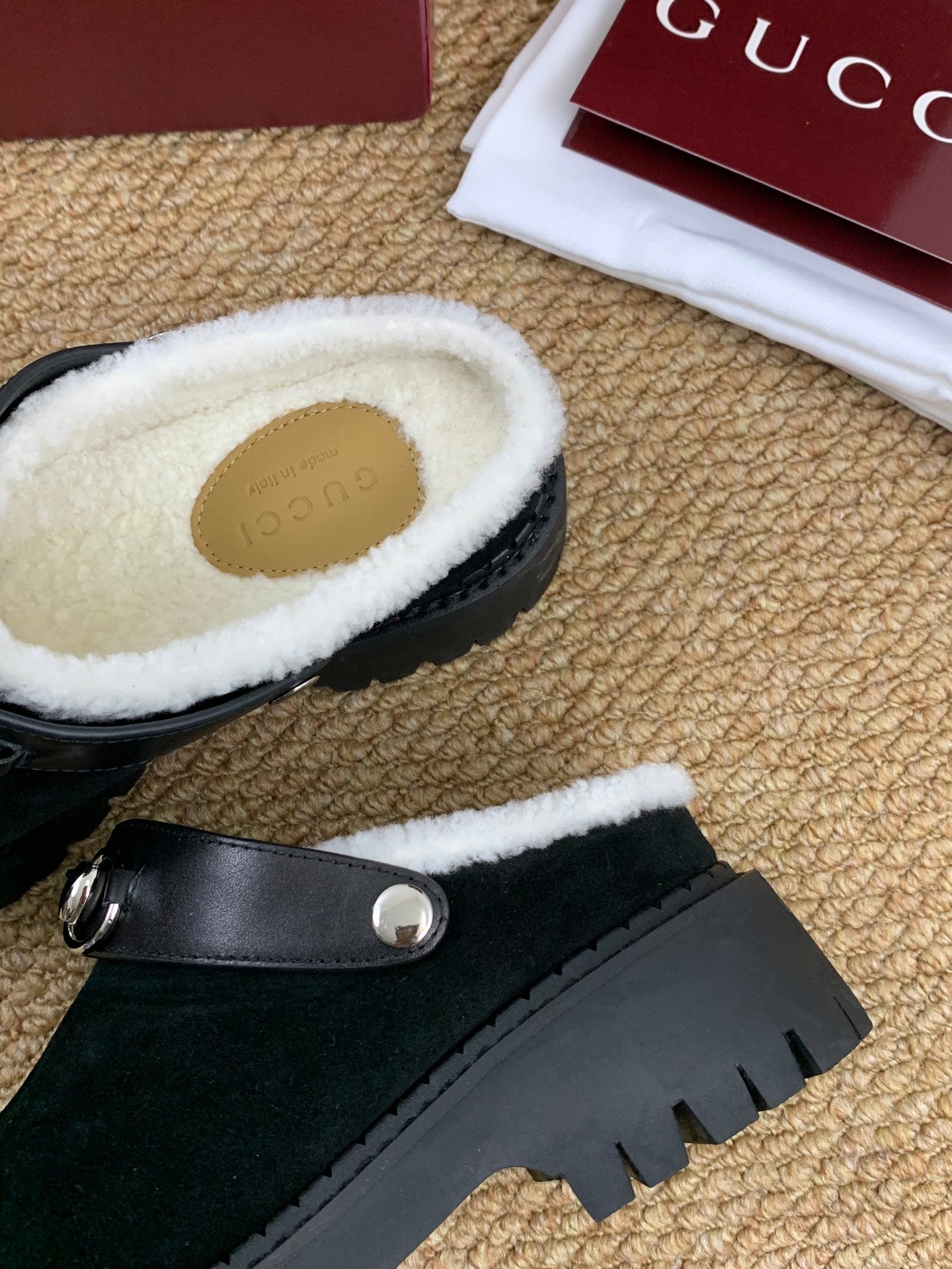 Gucci FW 25 Horsebit Suede Clog Black Suede with Shearling 506445