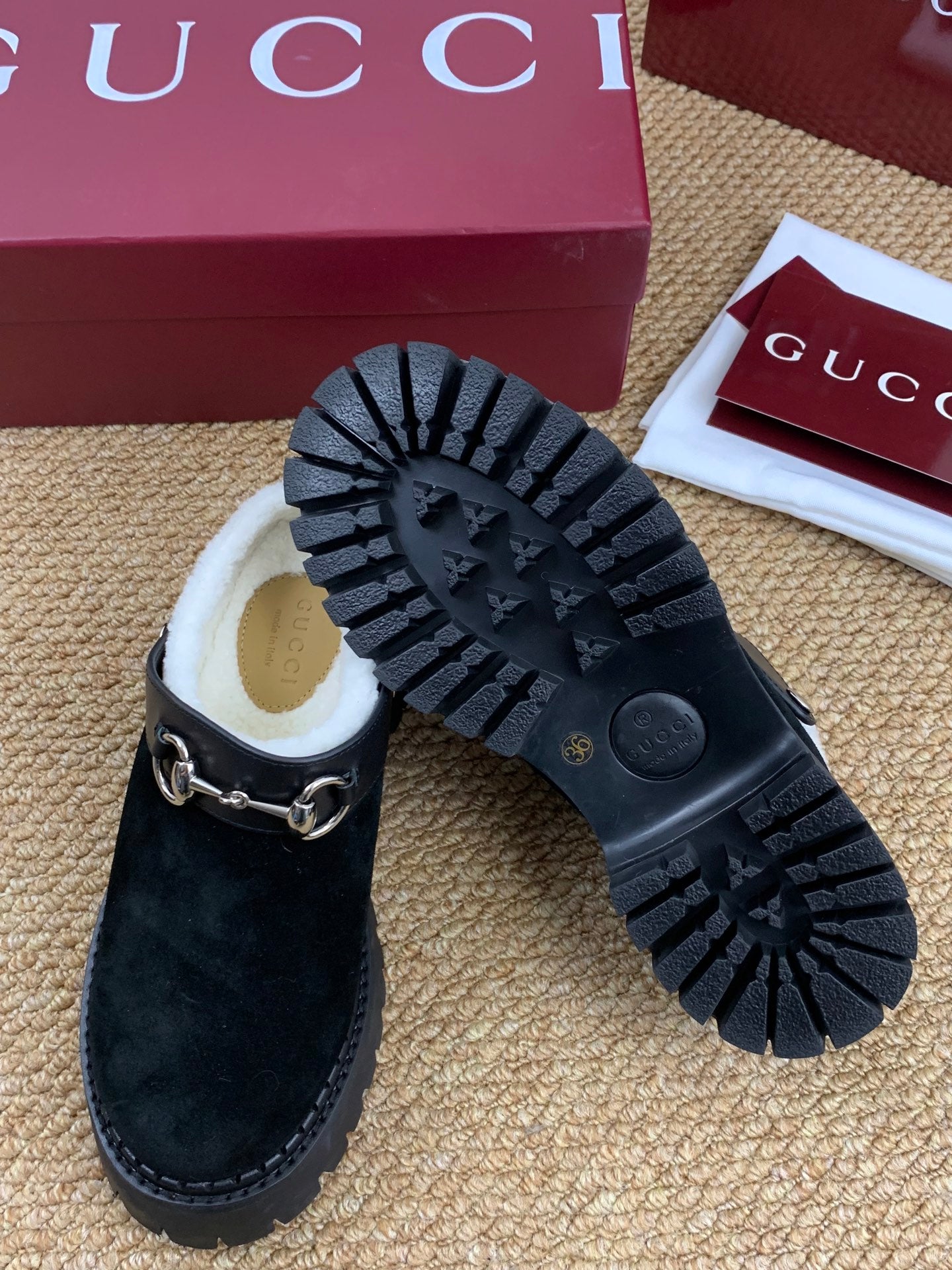 Gucci FW 25 Horsebit Suede Clog Black Suede with Shearling 506445