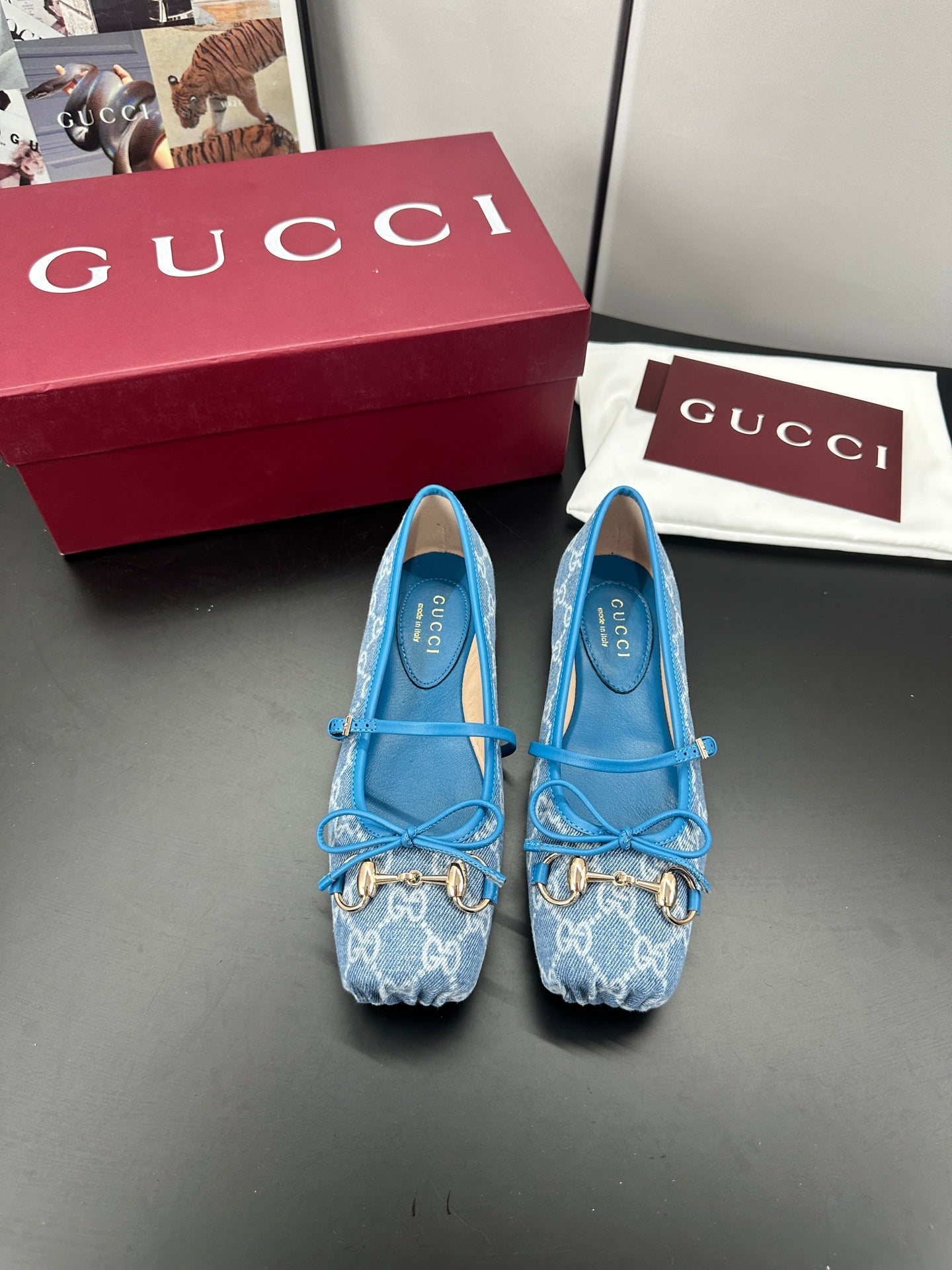 GG 26s Horsebit Ballet Flat Blue Denim Sheepskin 688308