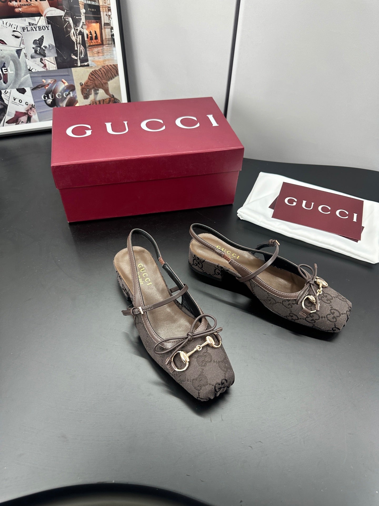 GG 26s Horsebit Slingback 2.5cm Coffee Canvas 688318