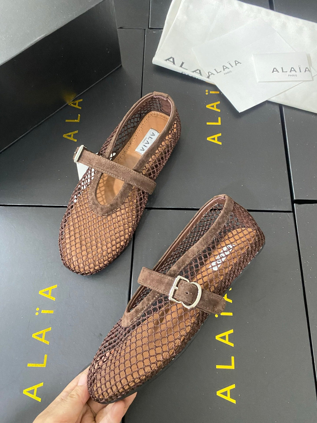 Alaia 26s Mesh Mary Jane Flats 1cm Brown Suede SHW 110704