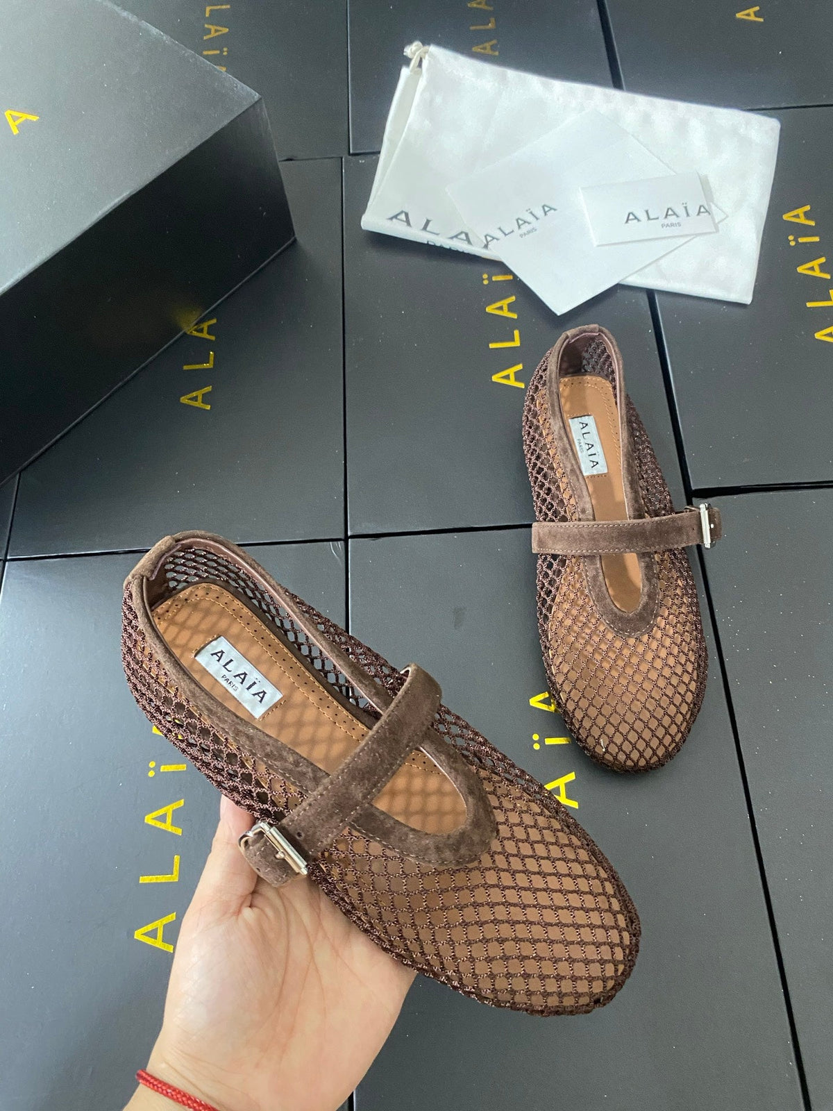 Alaia 26s Mesh Mary Jane Flats 1cm Brown Suede SHW 110704