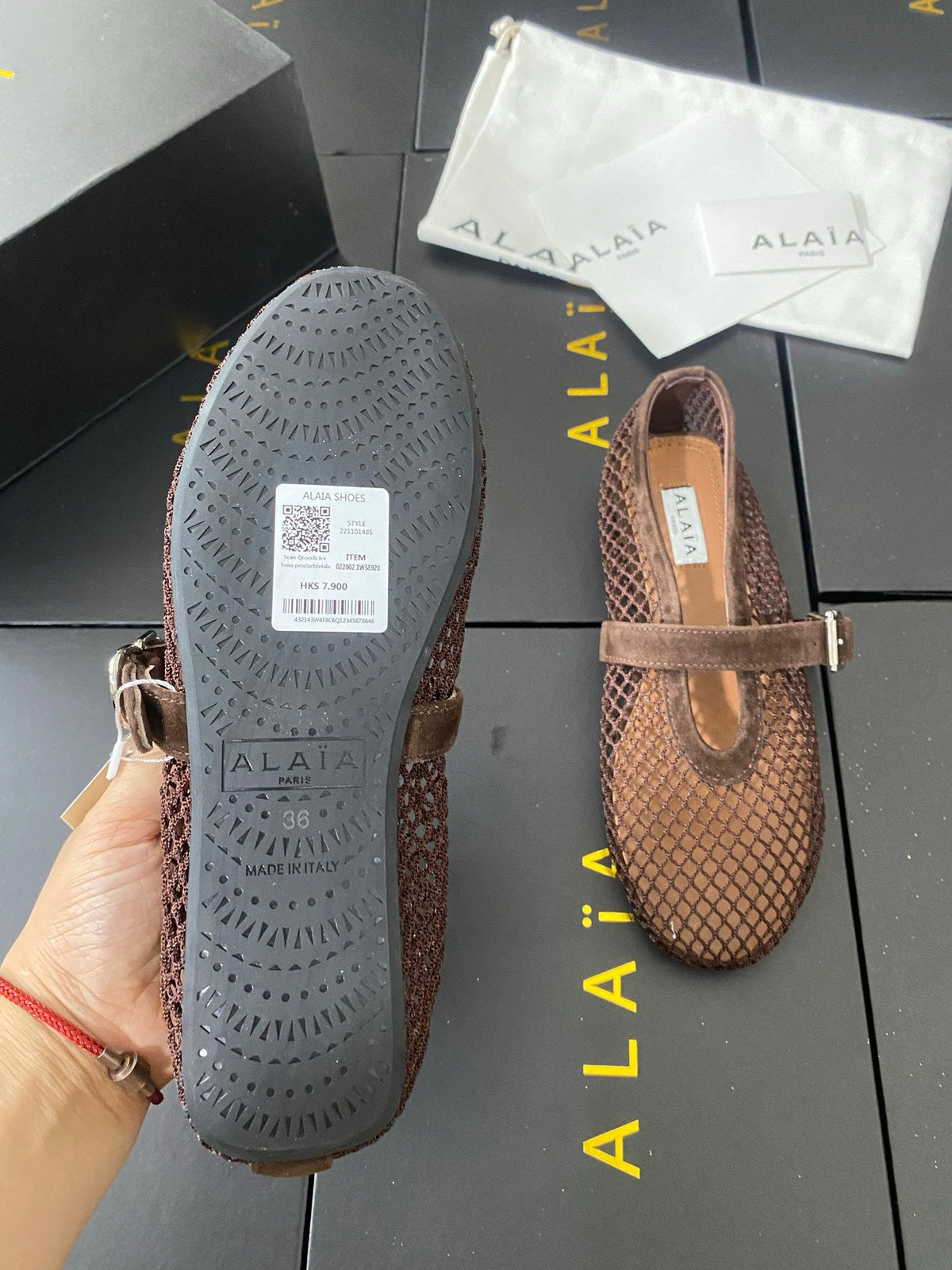 Alaia 26s Mesh Mary Jane Flats 1cm Brown Suede SHW 110704