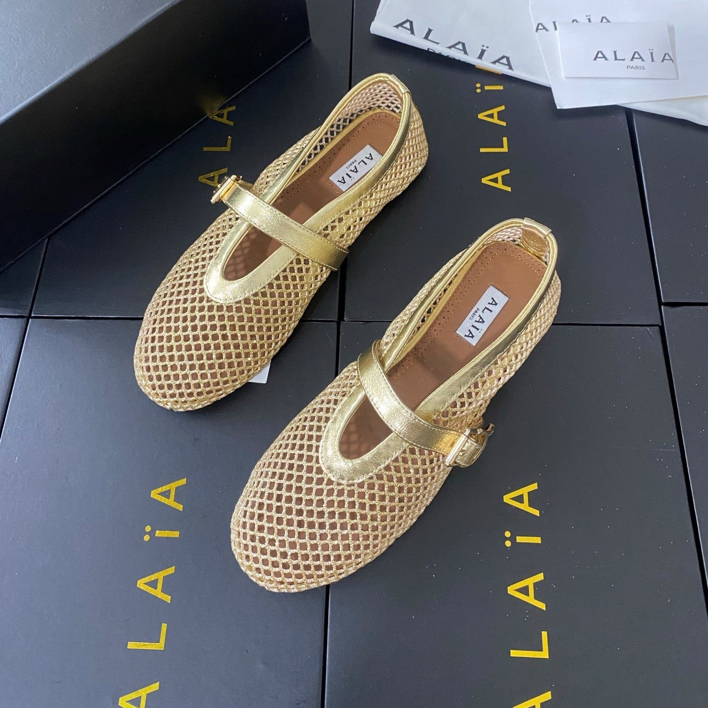 Alaia 26s Mesh Mary Jane Flats 1cm Gold Cord GHW 110719