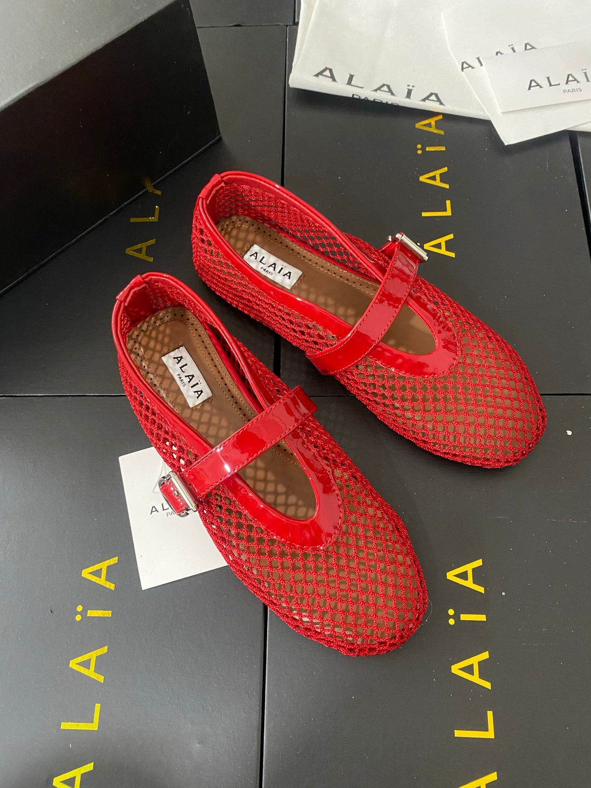Alaia 26s Mesh Mary Jane Flats 1cm Red Patent Leather SHW 110719