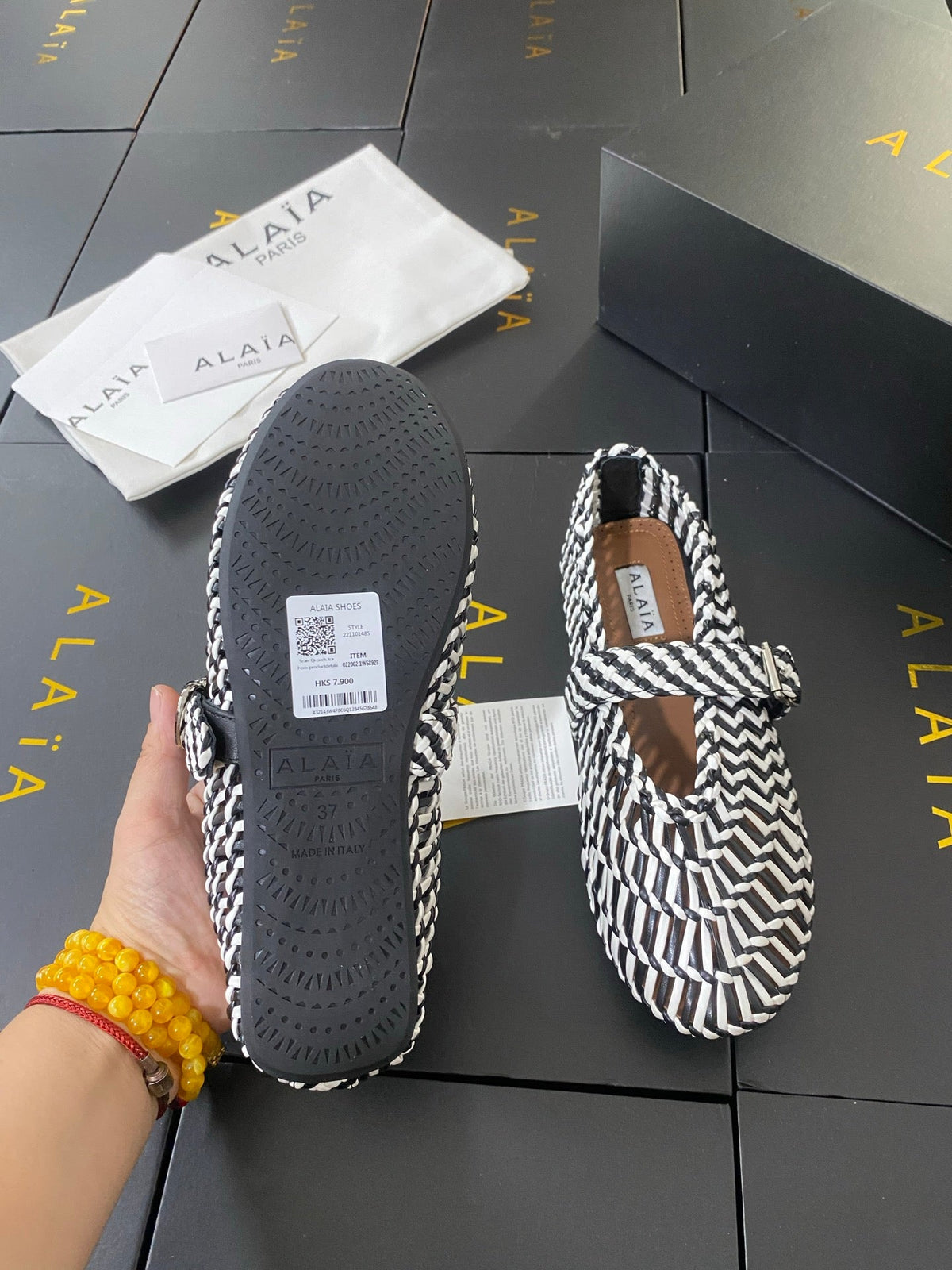 Alaia 26s Mesh Mary Jane Flats 1cm Black White Cord SHW 110726