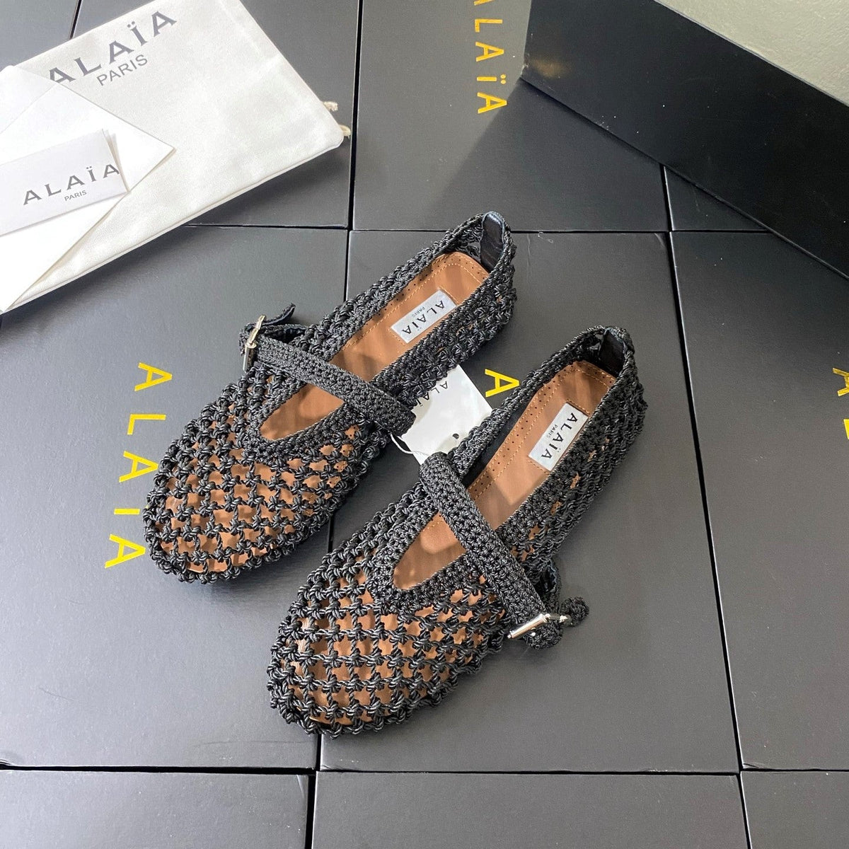 Alaia 26s Mesh Mary Jane Flats 1cm Black Cord SHW 110728