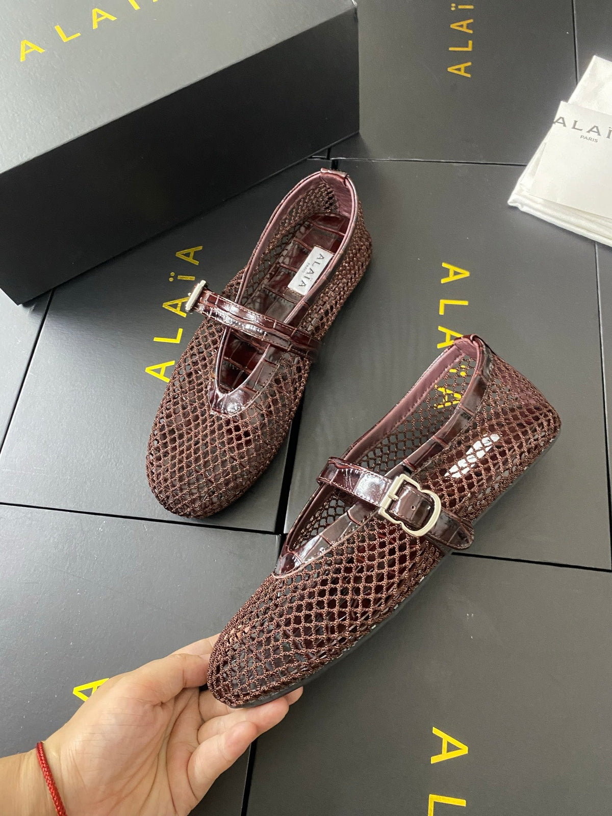 Alaia 26s Mary Jane Burgundy Fishnet Strass Croc-Effect Leather 195003