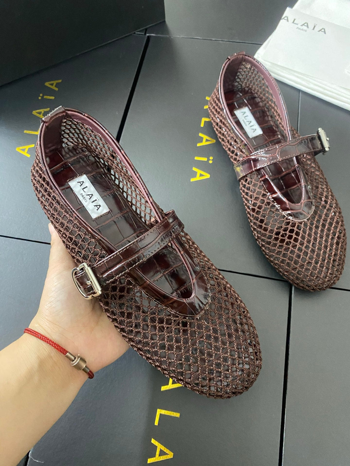 Alaia 26s Mary Jane Burgundy Fishnet Strass Croc-Effect Leather 195003