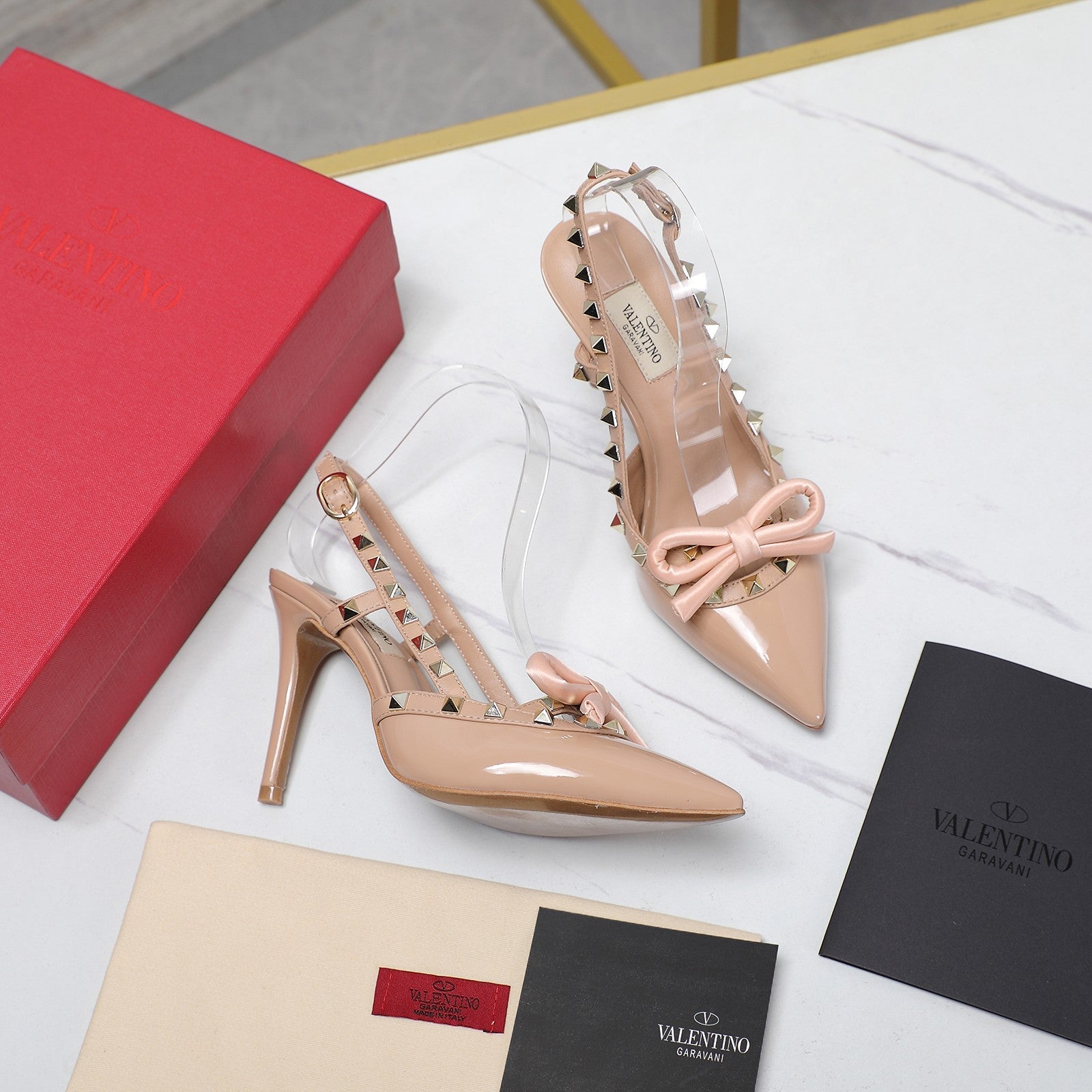 Valentino Rockstud Bow Slingback Nude Tan Patent Leather Pump 95mm