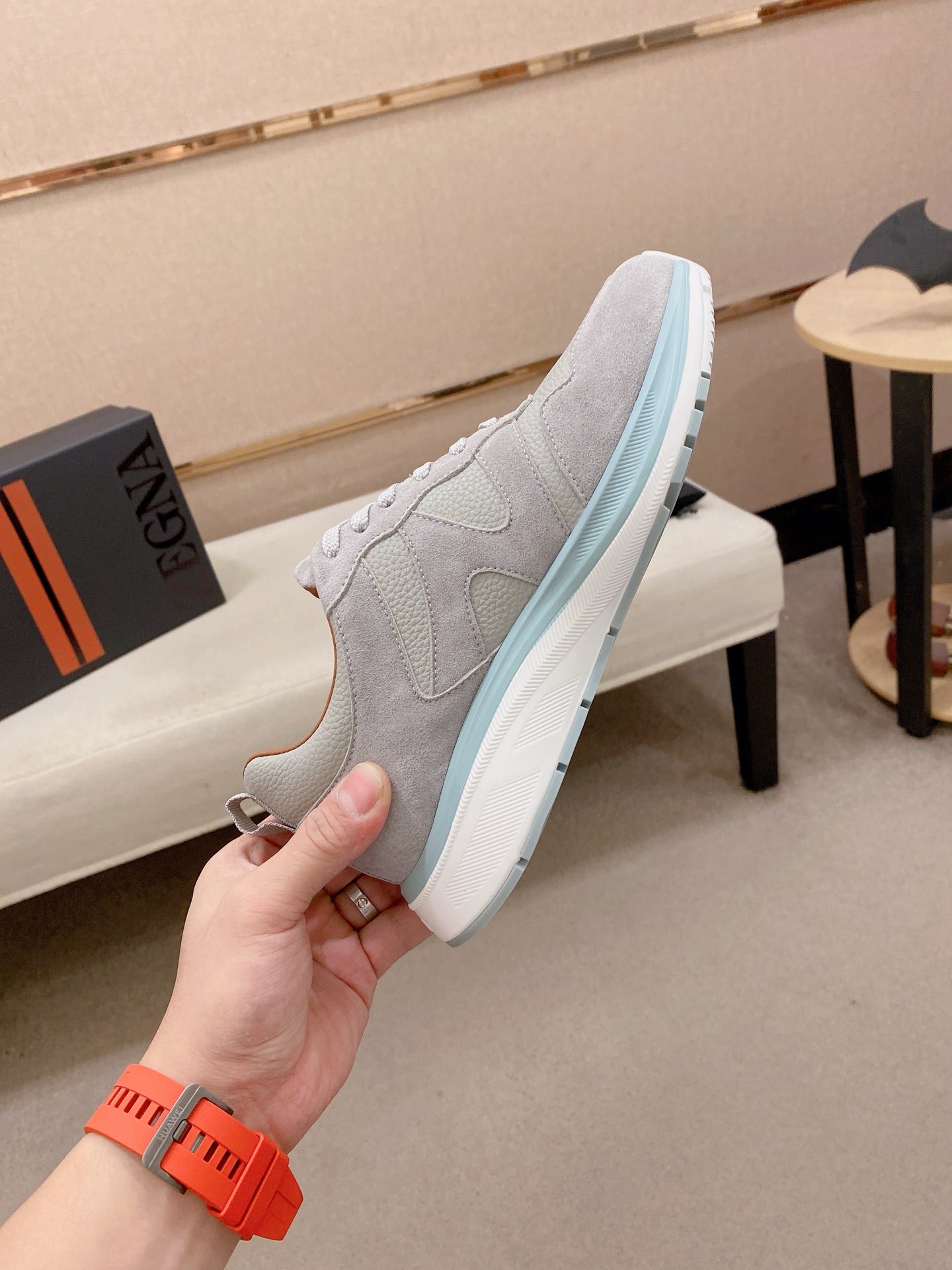 Zegna Men's Ermenegildo Sneakers Light Grey Suede Grain Leather