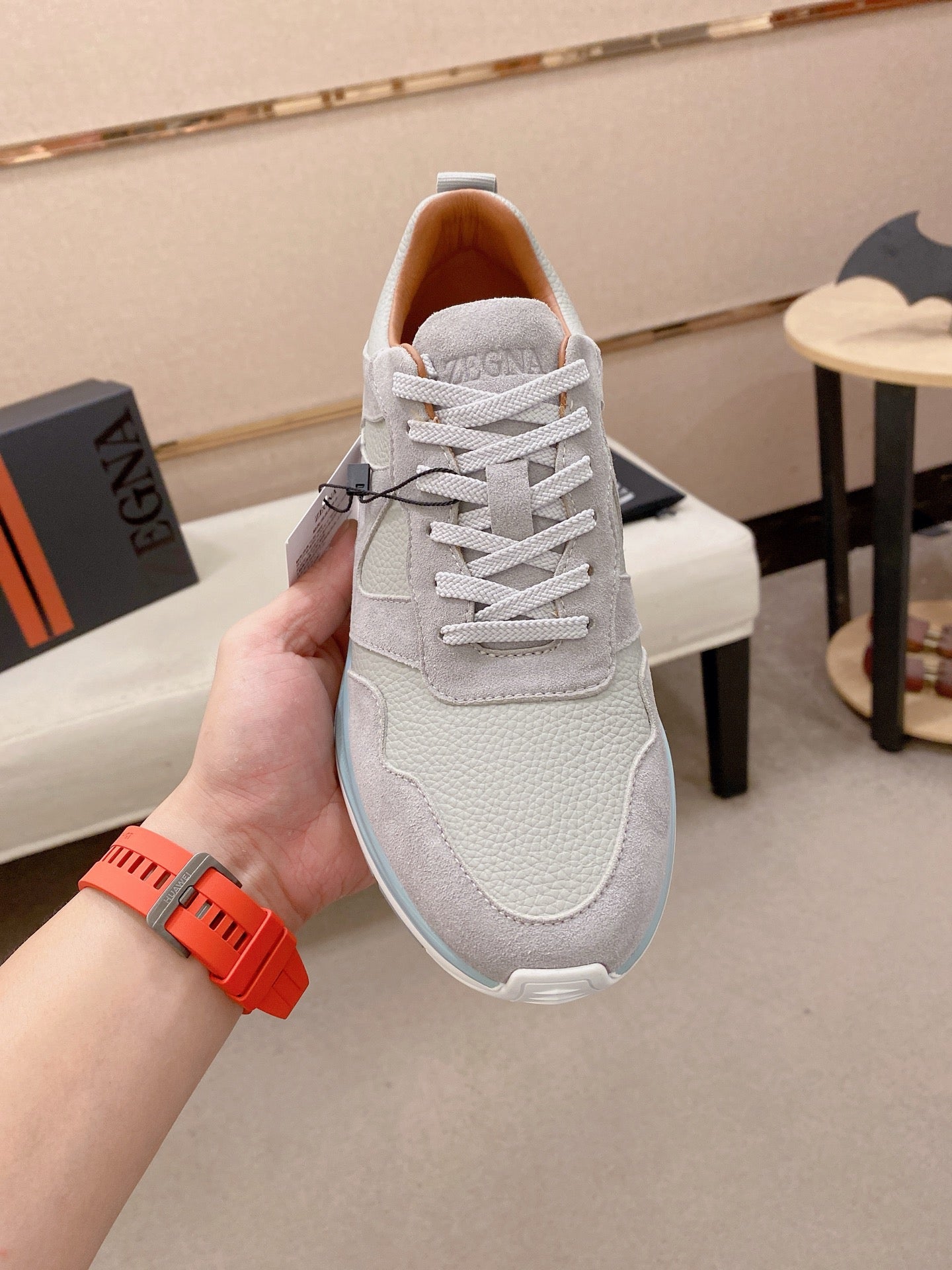 Zegna Men's Ermenegildo Sneakers Light Grey Suede Grain Leather