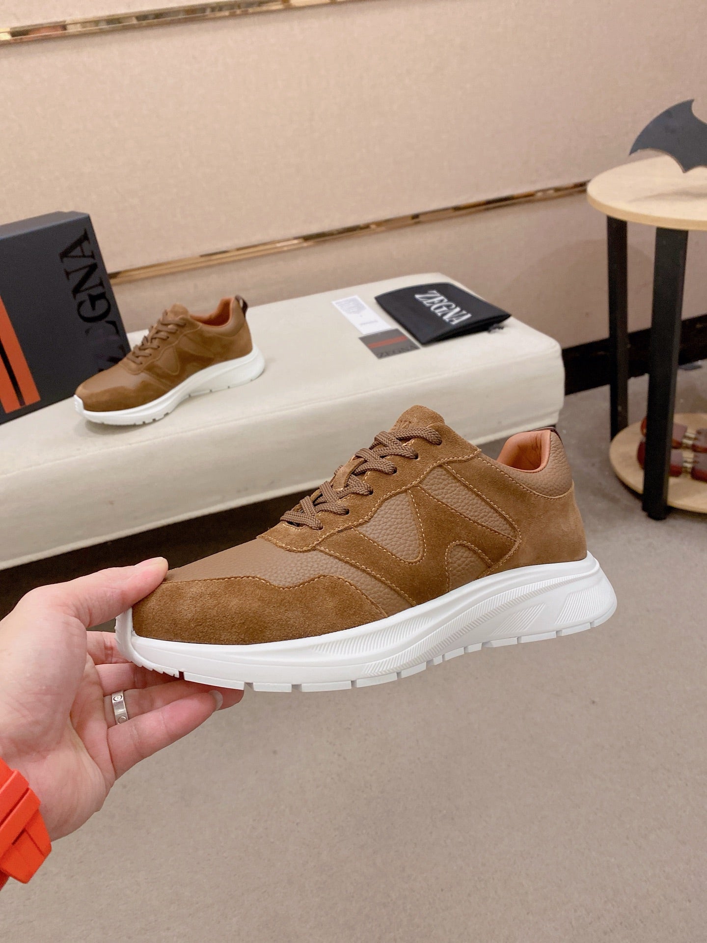 Zegna Men's Ermenegildo Sneakers Brown Suede Grain Leather