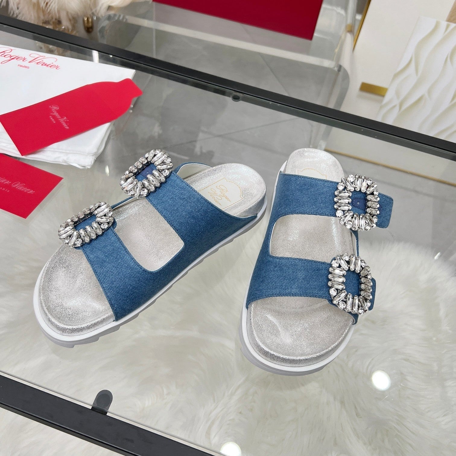 Viv 25 Slidy Slippers Blue PVC Silk Cowhide 259285