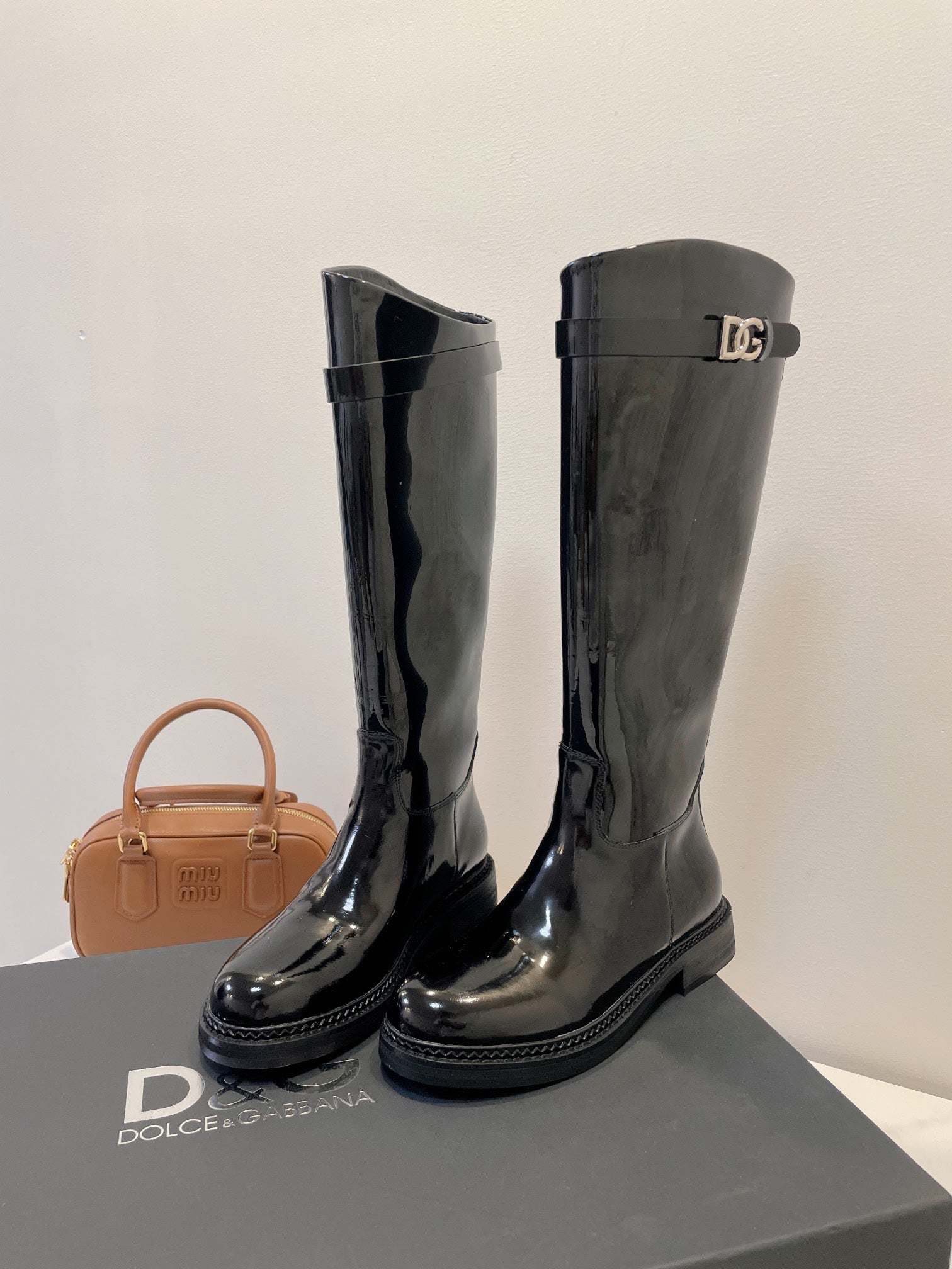 DC 24 Knee-High Boots Black Cowhide Patent & Nubuck 982194