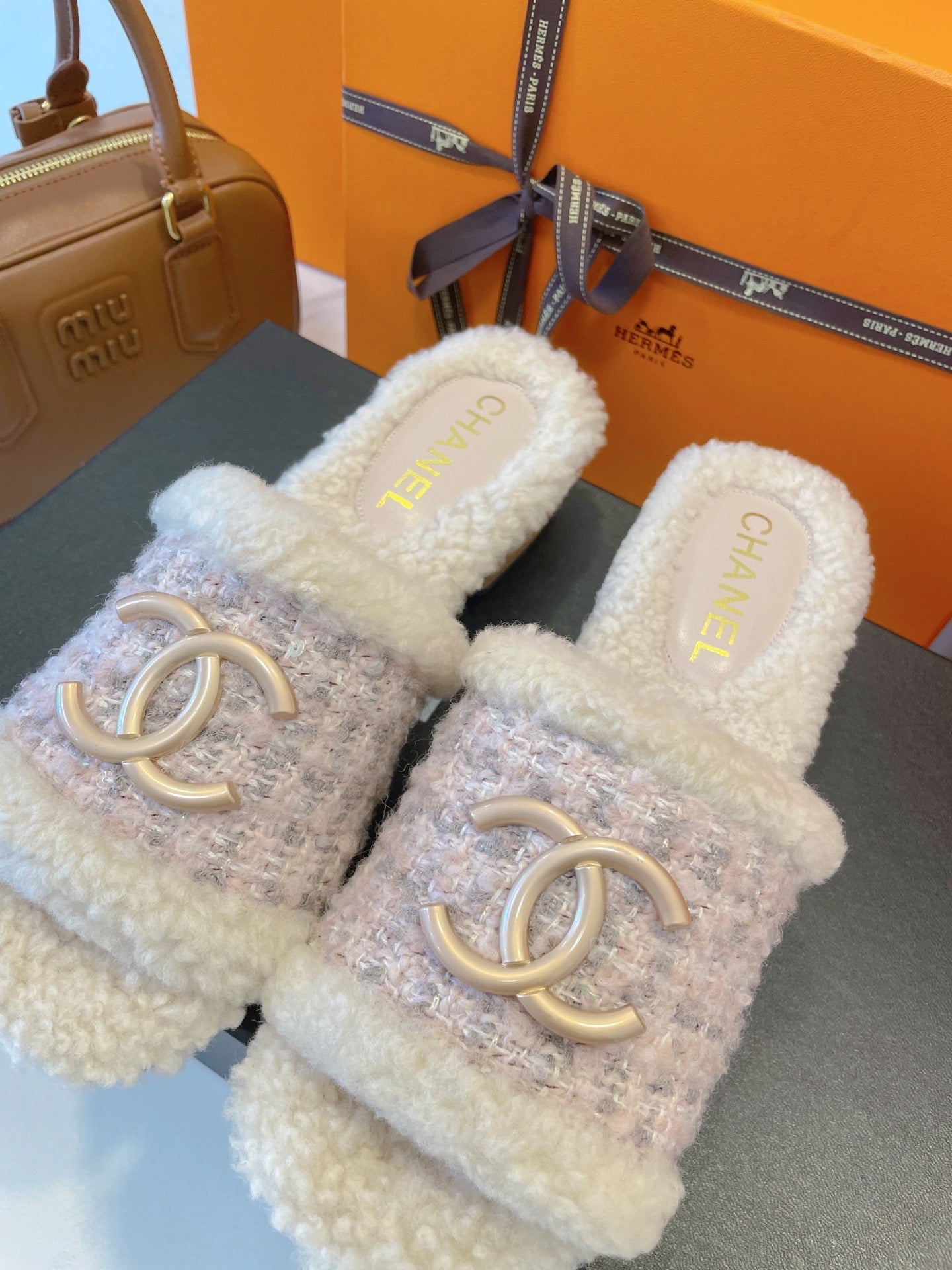 CC 25C Logo Slippers 50mm Multicolor Shearling Wood 423698
