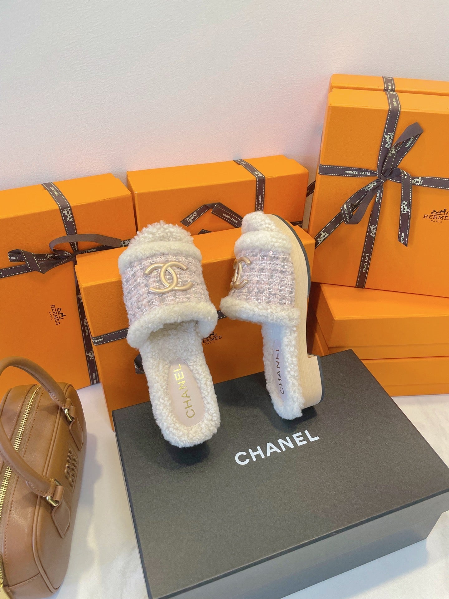CC 25C Logo Slippers 50mm Multicolor Shearling Wood 423698