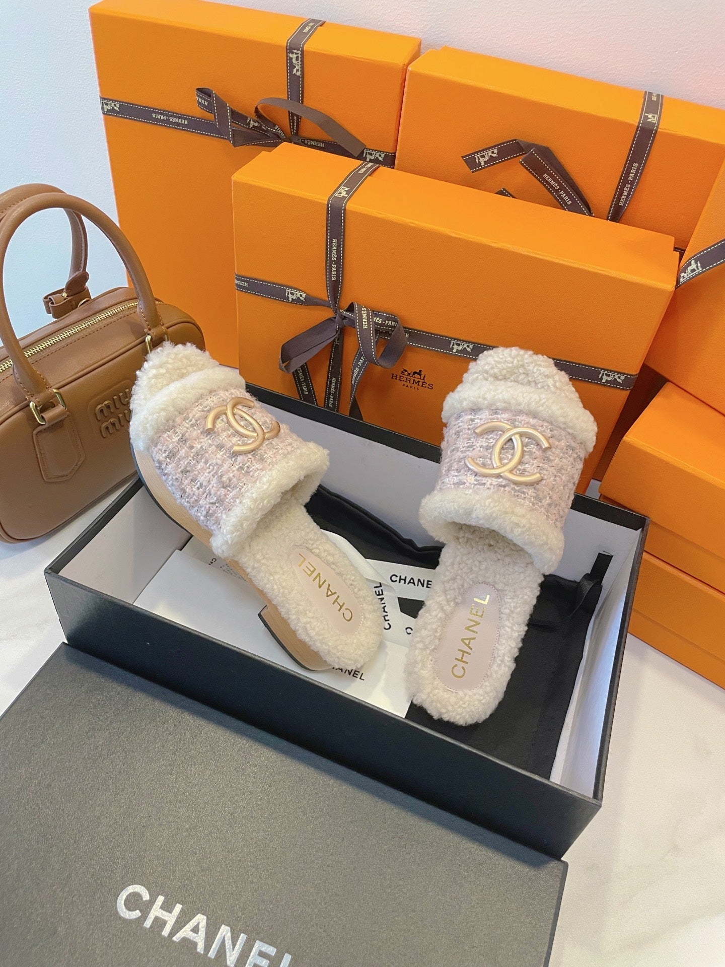 CC 25C Logo Slippers 50mm Multicolor Shearling Wood 423698