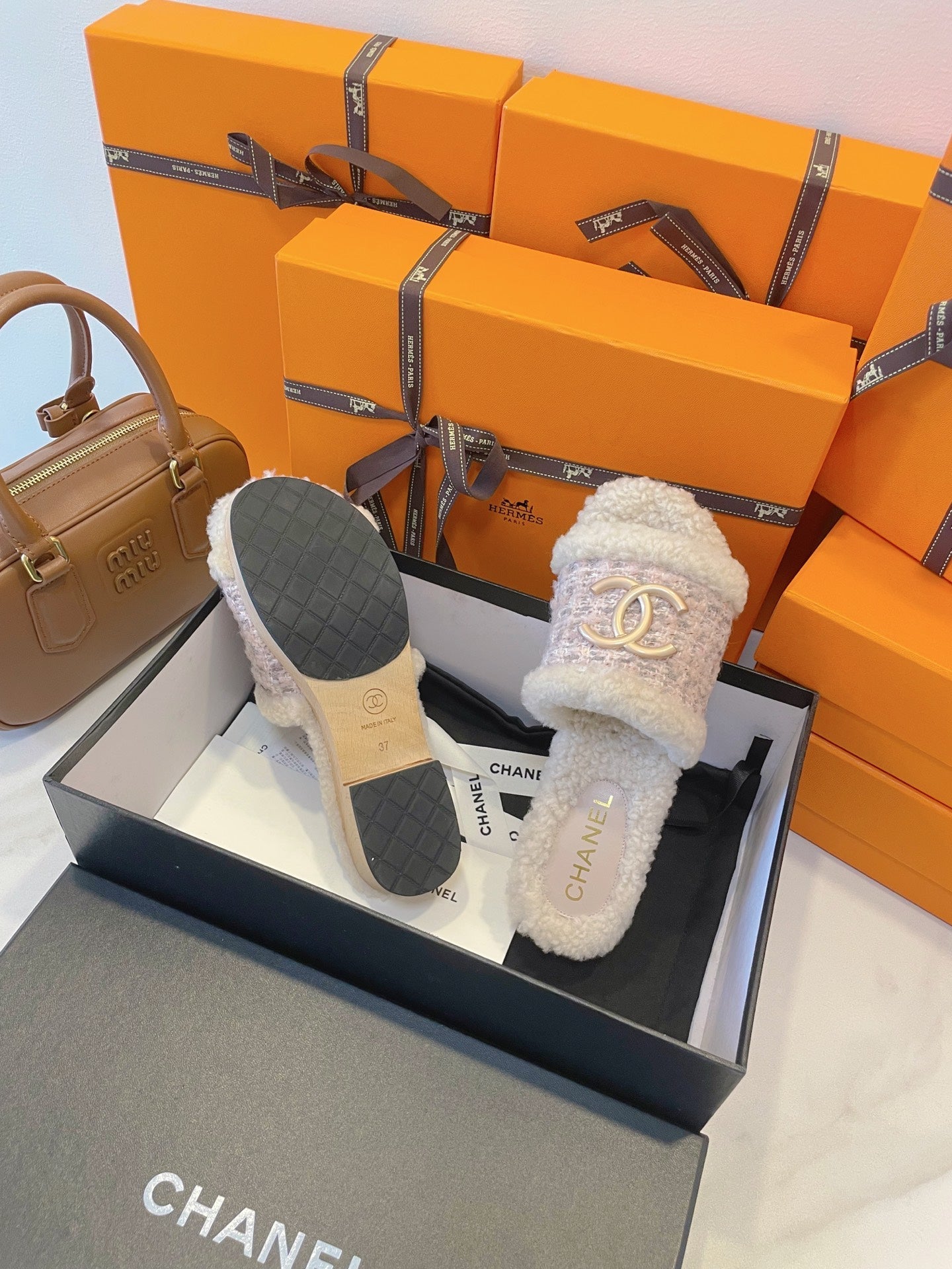 CC 25C Logo Slippers 50mm Multicolor Shearling Wood 423698