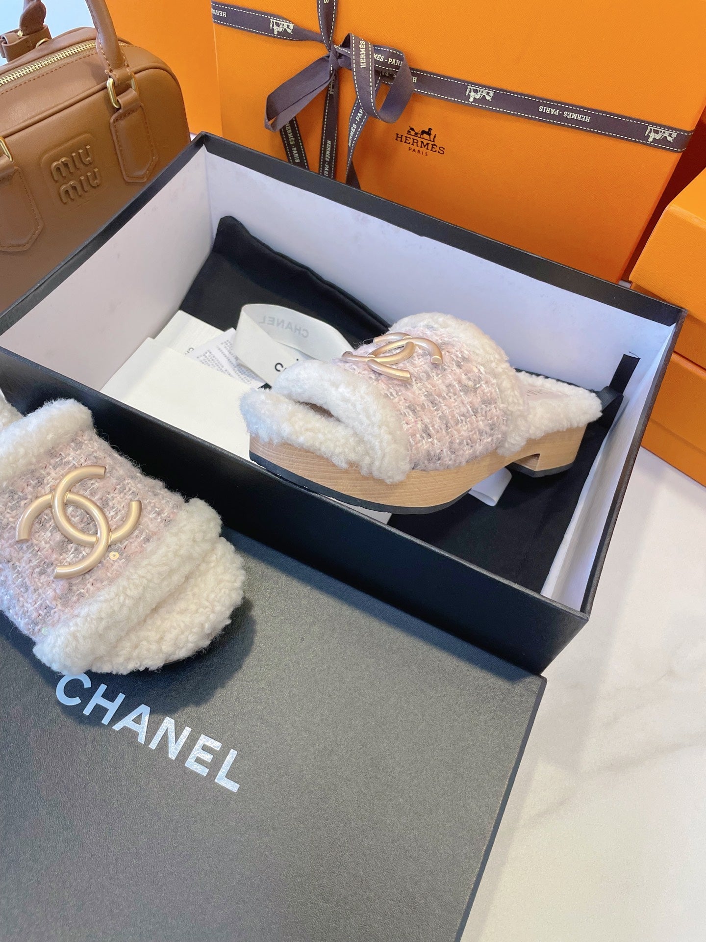 CC 25C Logo Slippers 50mm Multicolor Shearling Wood 423698