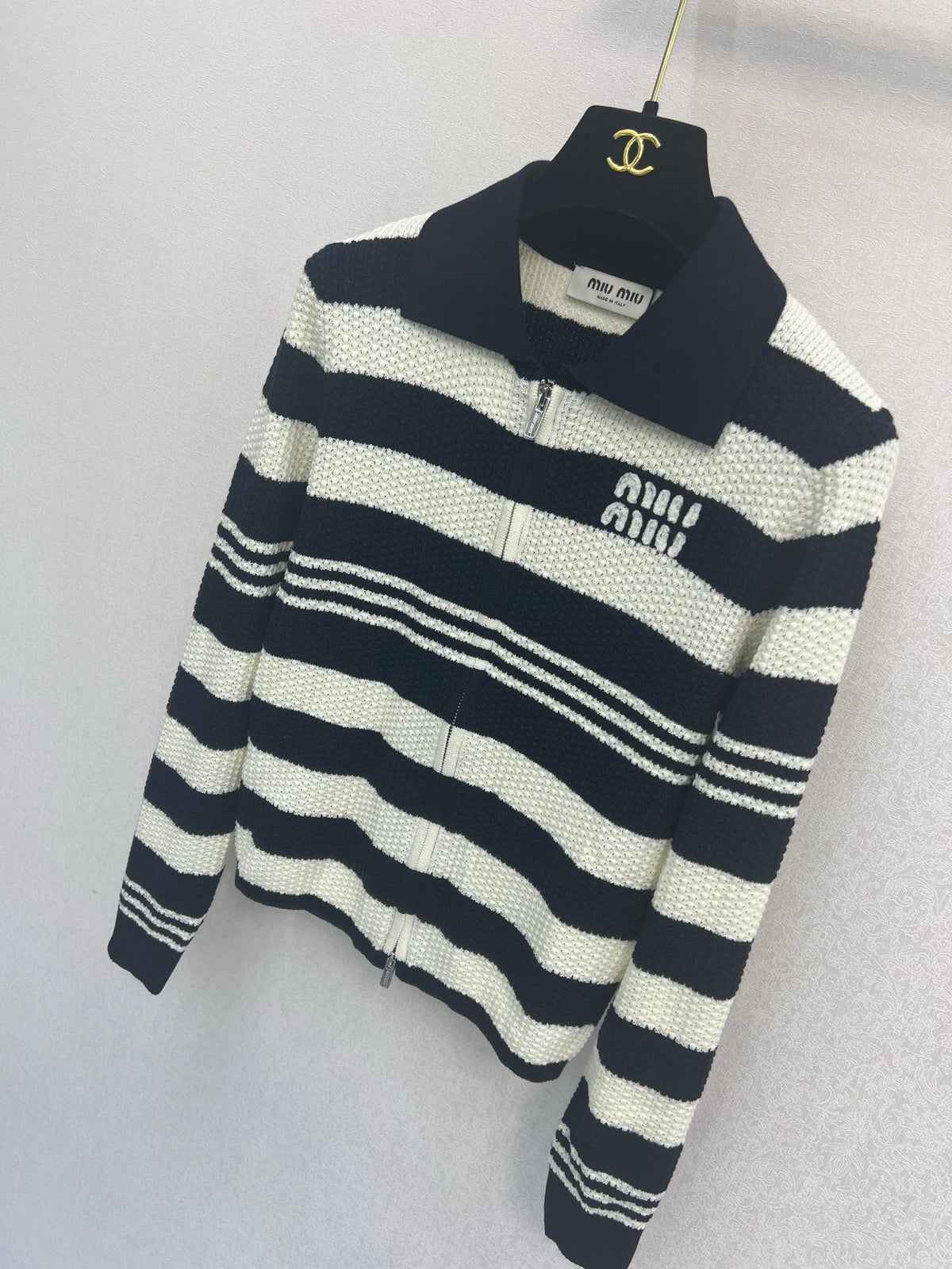 Miu Miu 26s Cardigan Navy White Striped Knit 448154