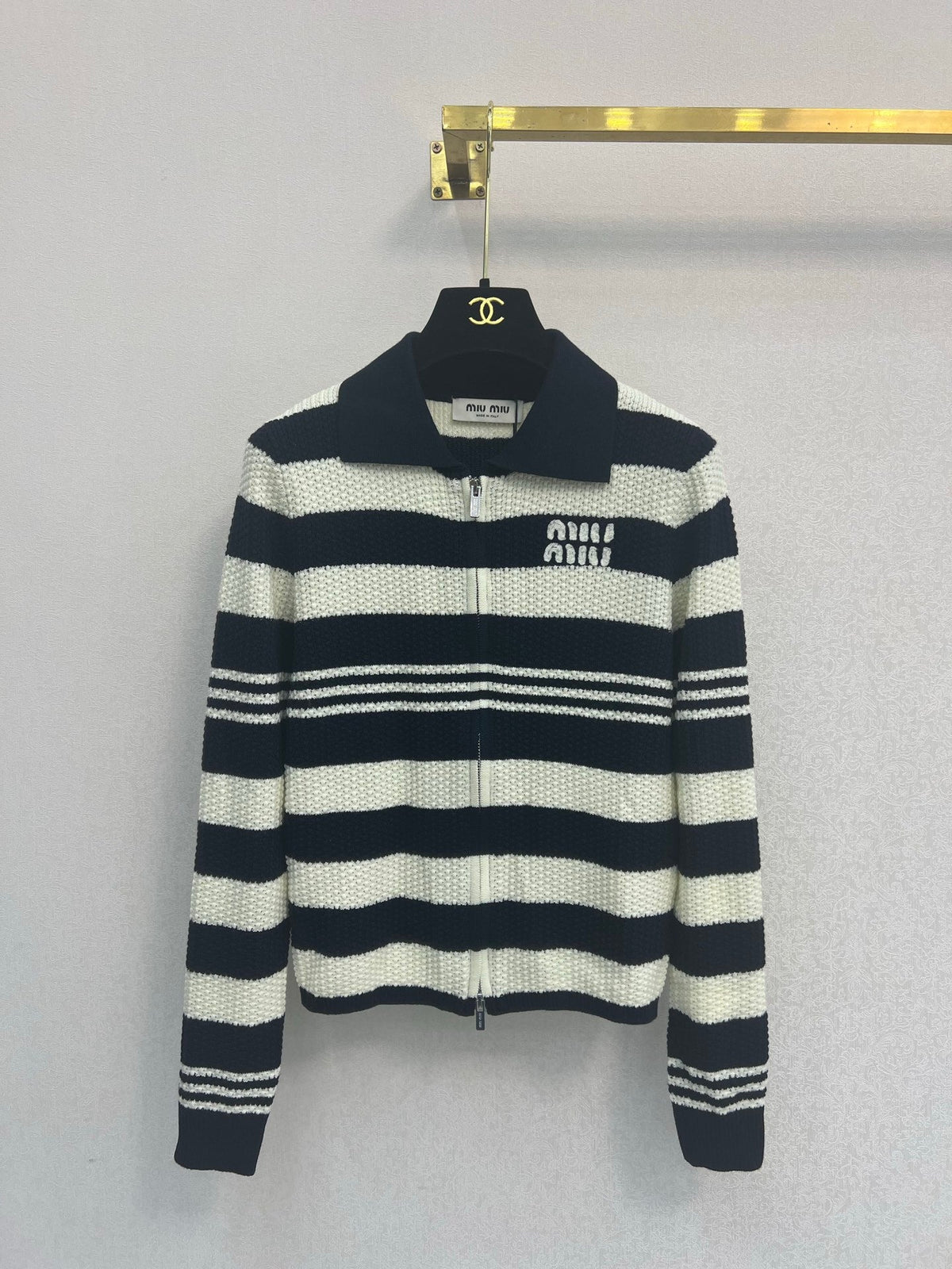 Miu Miu 26s Cardigan Navy White Striped Knit 448154