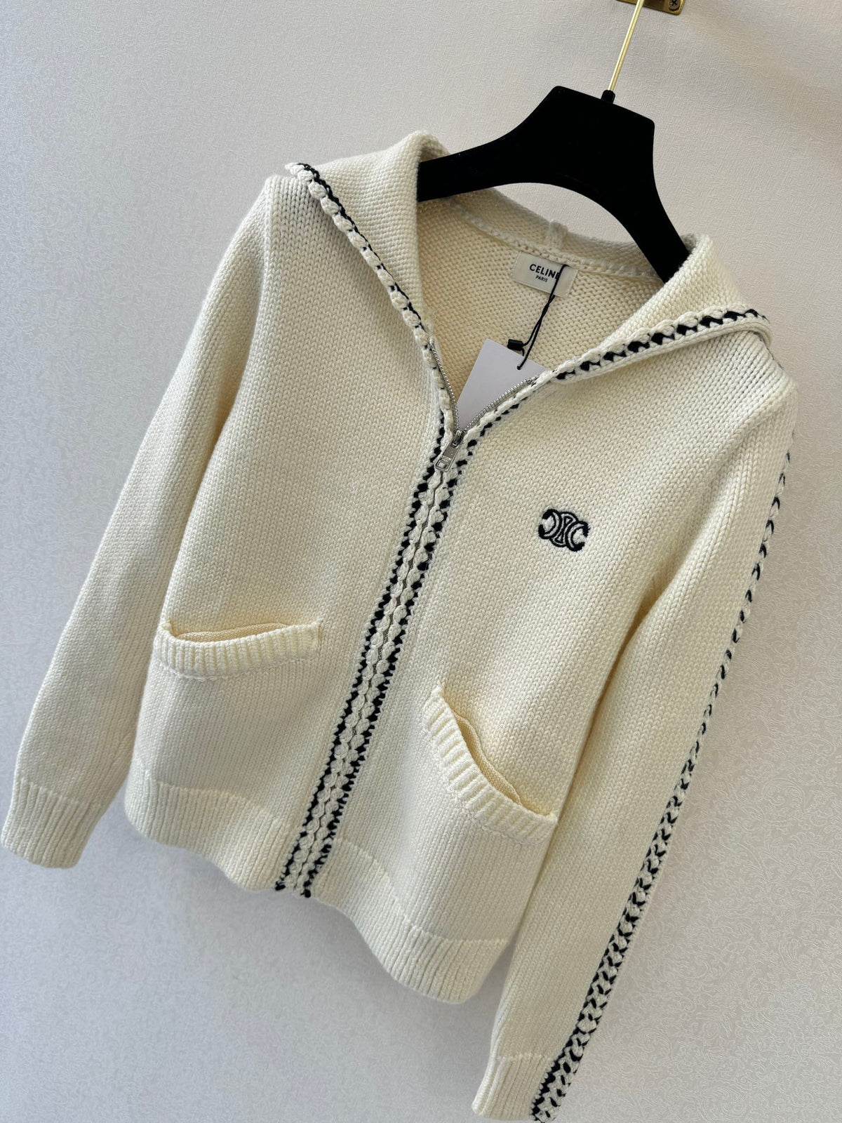 Celine 26s Hooded Knit Cardigan Off White Wool Triomphe Logo 441885