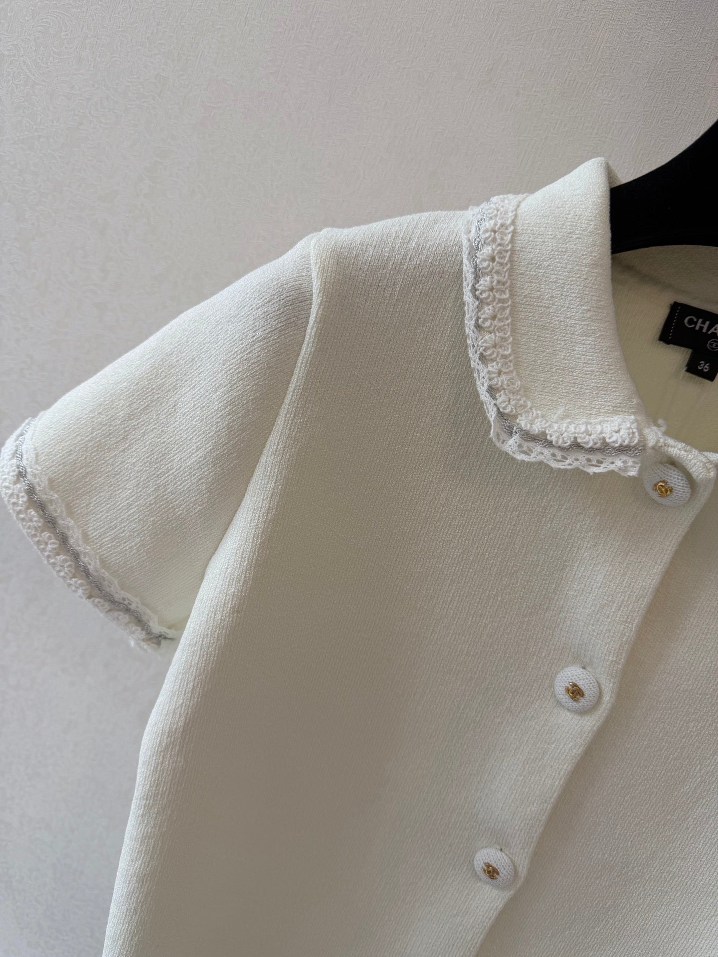 CC Collared Short-Sleeved Cardigan White Cotton Silk 394827