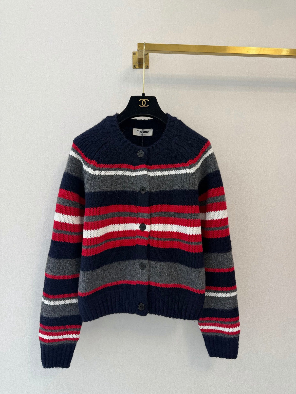 Miu Miu 26s Striped Knit Cardigan Navy Blue Alpaca Silk Wool 451041