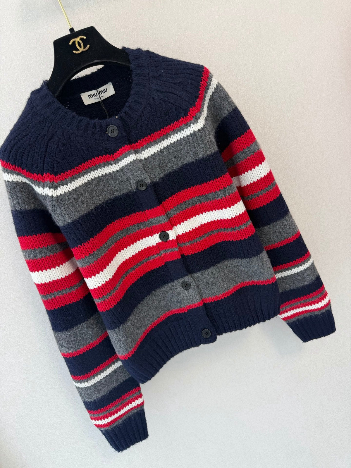Miu Miu 26s Striped Knit Cardigan Navy Blue Alpaca Silk Wool 451041
